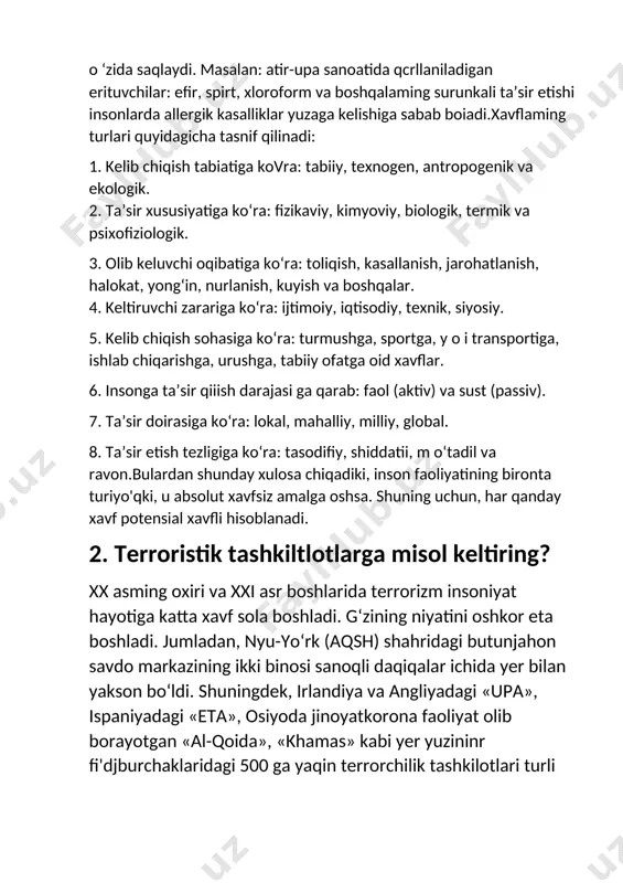 an. filtrlovchi quti asosan tashqi muhitdagi turli xil zaharli birikmalami yutuvchi filtr va shixtadan tashkil topgan.niqob - tabiiy yoki sun’iy kauchuk asosida olingan rezina materi-allaridan tayyorlannib, unga ko‘rish uchun oynak hamda nafas olish va chiqarish uchun mo‘ljallangan jihoz joylashtirilgan.boshqa rusumdagi gazniqoblar ham xuddi gp-5 rusumli gazniqo-biga o‘xshash tuzilishga ega (3-rasm). pdf-d esa 1,5-7 yoshgacha bo-lalar uchun. pdf-sh rusumli gazniqob 7-17 yoshlardagi bolalar uchun mo‘ljallangan; bolalar gazniqobi ham filtrlovchi quti va niqobdan tashkil topib, niqob elastik rezinadan tayyorlangan. filtrlovchi quti niqob bilan birlashtiruvchi trubkasidan yig‘iladi. bolalar himoya kamerasi (bxk) 1,5 yoshgacha bo‘lgan bolalarni zaharli birikmalar, radioaktiv moddalar va biologik ta’sirlardan saqlaydi. bxk tarkibiga: himoya kamerasi, atmosfe 4-variant 1. potensial xavf nima? potensial (yashirin) xavflar - m uayyan sabablar natijasidagina yuzaga kelishi mumkin. m asalan, benzin - yonuvchanligi real xavf bo‘lsa, zarb ta ’sirida portlashi potensial xavf, yoki quyoshdan keladigan nurlarning qizdirishi real xavf b o is a , inson tanasiga surunkali …