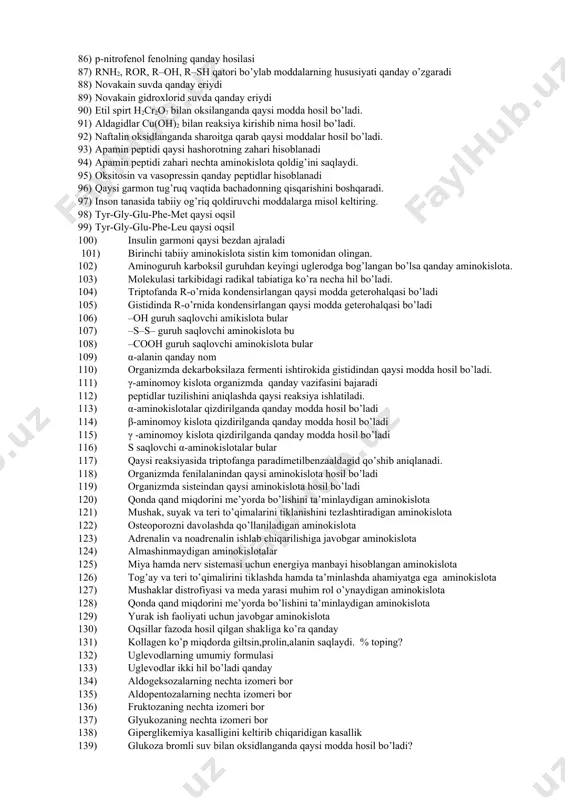 olatlarining kelib chiqishiga sabab bo‘ladi. 44) marganets ioni ta’sirida glyukozadan qaysi vitamin sintezlanish jarayonlari kuchayadi. 45) qaysi biometallning organizmdagi taqchilligi vitamin e ning miqdorining kamayishiga olib keladi. 46) eritmalarning kolligativ xossalarini tushintiring: 47) izotonik eritmalarga misol keltiring : 48) kasb kasalliklarida (sio2) miqdorining ortib ketishi hisobiga kelib chiqadigan kasallik nomi 49) hujayralardagi natriy miqdorining ortib ketishi qanday holatlarini keltirib chiqaradi. 50) hujayralardagi natriy miqdorining kamayishi qanday holatlarini keltirib chiqaradi. 51) nevrozlarda, organizm quvvatini oshirish maqsadida, engil kamqonlik (anemiya) kasalliklarida qo‘llaniladigan moddaning nomi. 52) katta yoshdagi odamning kaliy ioniga 24 soat davomida bo‘lgan talabi necha mg/kg. 53) bolalarda kaliy ioniga 24 soat davomida bo‘lgan talabi necha mg/kg. 54) xloropentaamminplatina(iv) xlorid; formulasini yozing. 55) qon tomirlarga yuborilganda qon bosimning kamayishiga olib keladigan moddaning nomi. 56) zardobdagi temir kompleksi bu…? 57) postgemorragik (qon yo‘qotish oqibatida kelib chiqqan kamqonlik) va temir kamchiligi kamqonliklarida qaysi modda ishlatiladi. 58) sanoatda yengil eruvchan qotishmalar olishda (bosmaxonalarda) qaysi …