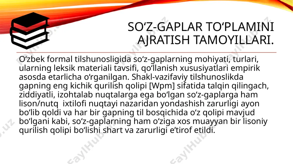 f/ishora so‘zlar. so‘zlovchining bayon etilayotgan fikrga munosabati ─ qat’iy ishonch, gumon, taxmin kabi ma’nolarni ifodalab keladigan so‘zlar modal so‘zlardir. ularga xullas, demak, chamasi, tabiiy, ehtimol, shubhasiz, shekilli kabi so‘zlar misol bo‘ladi va bular formal tilshunosligimizda batafsil o‘rganilgan. kishilarning his-tuyg‘ularini, haydash, to‘xtatish kabi xitoblarni, buyruqlarni ifodalaydigan so‘z-gaplarning ko‘rinishi undov so‘zlardir. his-tuyg‘u undovlariga oh , voy, eh , barakalla, rah mat, ofarin kabi so‘zlar, buyruq -xitob undovlariga pisht, beh -beh , pish-pish, chuh kabi xitob so‘zlar kiradi. so‘z-gaplarning uchinchi ma’noviy guruhi bo‘lgan tasdiq /inkor so‘zlar ko‘pincha modallar tarkibida o‘rganilgan. ha, mayli, xo‘sh, xo‘p so‘zlari tasdiqni, yo‘q , mutlaqo, aslo, sira so‘zlari inkorni ifodalovchi so‘z-gaplardir. taklif/ishora so‘zlarga qo‘llanishi tana a’zolarining maxsus harakatlari bilan uzviy bog‘liq bo‘lgan ma, mang, qani, marhamat so‘zlari kiritilgan. ular tinglovchiga qaratilgan bo‘lib, uni biror ish-harakatni bajarishga undaydi. so‘z-gaplar shunday hodisalar guruhiki, ularning juda ko‘pchiligi boshqa so‘z turkumlaridan tarixiy taraqqiyot jarayonida o‘ziga xos nutqiy qo‘llanish natijasida shakllangan va rivojlangan. chunonchi, …