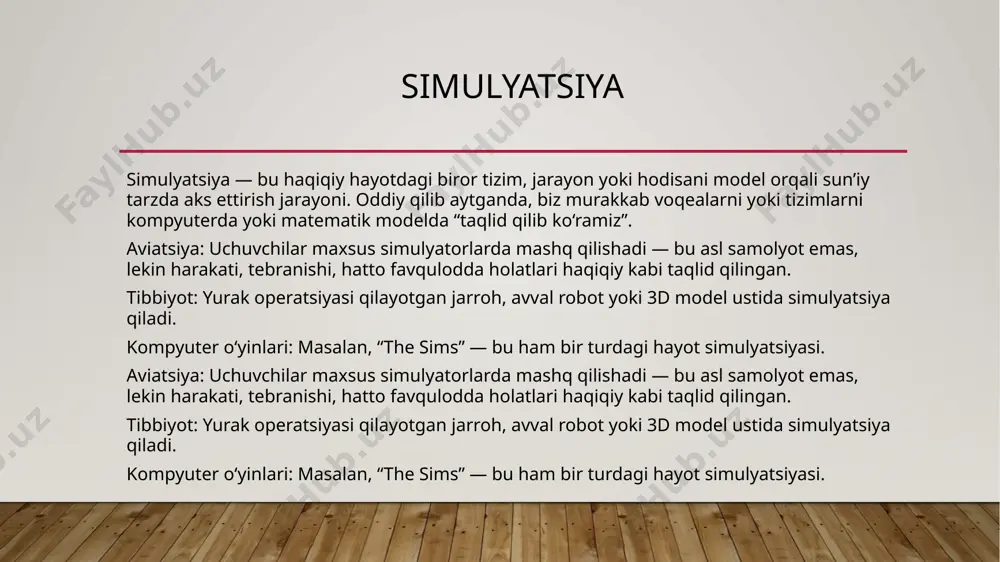 ud - harakat modda ichida sochilib energiya yo’qotadi sochilish yoki ionizatsiya qilmasdan o’z energiyasini yo’qotadi ta’sir mexanizmlari compton sichilishi, fotoelektrik effect, bremsstra hlung compton sichilishi, fotoelektrik effect, pair ishlab chiqarish modda bilan ta’sir ionizatsiyalovchi ta’sir, kuchli to’qnashuv ionizatsiyalovchi ta’sir yoq, energiya tabiiy sochish elekton va foton monte karlousullari farqi asosiy fizik qonunlar bethe-bloch tenglamasi – elektronlarning ionlanishdagi energiya yo‘qotishini tasvirlaydi. klein-nishina formulasi – fotonlarning compton sochilishidagi burchak va energiyasini aniqlaydi. cross-section ma’lumotlari (bethe-bloch tenglamasi va klein-nishina formulasi) – har bir zarra bilan reaksiyaga kirishish ehtimolini beradi. bethe-bloch tenglamasi energiya yo‘qotish tezligi (mev/cm) z modda atom raqami a modda atom massasi relativistik omillar elektron tomonidan berilishi mumkin bo‘lgan maksimal energiya i moddaning o‘rtacha ionlanish potensiali (ev) klein-nishina formulasi sochilish ehtimolligi (differensial kesim) r elektron radiusi e boshlang‘ich foton energiyasi sochilgan foton energiyasi sochilish burchagi ct da monte karloning ishlashi e’tiboringiz uchun raxmat image2.png image3.png image4.png image5.jpeg image6.jpeg image7.png image8.png media1.mp4 image9.png …