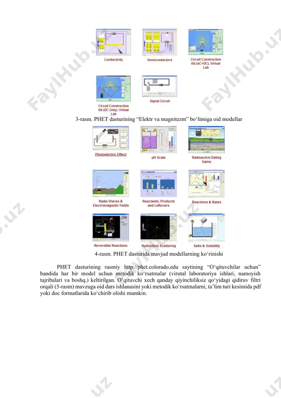 ar yenka nomi bilan chiqmoqda, lekin dasturlarning ishlashi crocodile dagidan farq qilmaydi. keling, endi shu dasturiy ta’minotlar bilan tanishib chiqsak. fizika fanida crocodile physics dastur muhitidan foydalanish. crocodile physics dasturi xaqida. crocodile physics dasturi fizik jarayonlarni modellashtirish va fizikaning mexanika, elektr zanjirlar, optika va to‘lqin hodisalari bo‘limlariga oid tajribalar yaratish va kuzatish imkoniyatini beruvchi dasturdir. bu kuchli dastur fizik hodisalarni kuzatish, tajribalar o‘tkazish va turli murakkablik darajasidagi jarayonlarni modellashtirish imkoniyatini beradi. ushbu dastur crocodile clips ltd tomonida 1994 yildan beri takomillashtirilib kelinmoqda. dasturdan masala yechishda, virtual laboratoriya ishlarini va namoyish tajribalarini tashkillashtirishda keng foydalansa bo‘ladi. dastur fizikaning barcha bo‘limlari bilan ishlash, jarayonlarni chuqur o‘rganish imkoniyatini yaratadi. 6-расм. crocodile physics дастур муҳитининг ишчи столи 7-rasm. crocodile physics dastur muhitida yaratilgan model. dasturning o‘ziga xos xususiyatlari: fizik hodisalarni namoyish etuvchi optimal dastur, 50 dan ortiq qadamma - qadam o‘rgatuvchi darslar, 150 dan ortiq fizikaning bo‘limlariga oid tayyor modellar, fizik jarayonlarni kompyuterda modelashtirish …