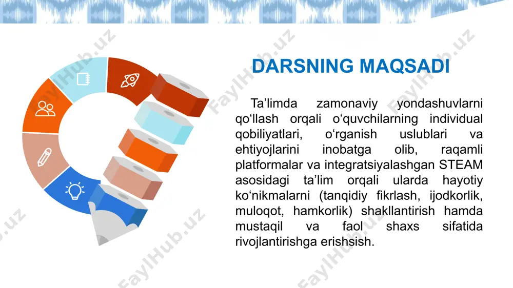 aki tushuntirish videofilm qo‘yib berish amaliy ishga tayyorgarlik ko‘rish amaliy ishni bajarish 1 2 4 3 1 2 4 3 kirish asosiy qism mavzuni mustahkamlash feedbake berish baholash uyga vazifa berish 1 2 4 3 yakuniy qism savollarni muhokama qilish guruhga savol berish mazmun bo‘yicha farqlash o‘quvchi jarayon bo‘yicha farqlash o‘quvchi natija bo‘yicha farqlash o‘quvchi differensial yondashuv differensial yondashuv – bu ta’lim jarayonida har bir o‘quvchining shaxsiy imkoniyatlari, qiziqishlari, bilim darajasi va o‘rganish uslubini inobatga olib, moslashtirilgan tarzda o‘qitish demakdir. bunda “hammaga bir xil” usul emas, individual yondashuv qo‘llaniladi. har bir o‘quvchi o‘z salohiyatiga mos rivojlanadi kuchli o‘quvchilar ijod qilish imkoniyatiga ega bo‘ladi qiyin o‘rganayotganlar orqada qolmaydi sinfda ijtimoiy tenglik muhitini yaratadi o‘quvchida o‘ziga ishonch va motivatsiya ortadi differensial yondashuvning afzalliklari sham yoqish - juda oddiy, lekin xavfli va vaqtinchalik yechim avtomobil akkumulyatori bilan chiroq ishlatish - katta o‘lchamli, lekin mumkin bo‘lgan yechim quyosh panellari - quyosh nuri bilan elektr …