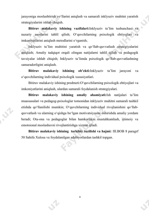 chilarning hissiy holati, o‘z-o‘zini qadrlash va motivatsiyasi; stress, xavotir va frustratsiya bilan kurashish qobiliyati; emotsional intellektni rivojlantirish orqali ta’lim jarayonini silliqlashtirish. fizik va sog‘liq ehtiyojlari:jismoniy imkoniyatlar va sog‘liq holati;[footnoteref:1] [1: sa’dullayeva gavhar qobiljon qizi (2023) - oʻzbekistonda inklyuziv ta'lim va pedagogik yondashuvlar. fan, ta'lim va amaliyot integratsiyasi jurnali. manba] maxsus ehtiyojli bolalar uchun qulay muhitni yaratish (masalan, aravachali o‘quvchilar uchun inshootlar, vizual va eshitish imkoniyatlarini hisobga olish); ta’lim jarayonini individual imkoniyatlarga moslashtirish. o‘quvchilarning imkoniyatlari esa ularning shaxsiy qobiliyatlari, bilim darajasi, ijtimoiy va emotsional moslashuvi bilan belgilanadi. inklyuziv ta’lim jarayonida pedagog va psixologlar o‘quvchilarning imkoniyatlarini aniqlash orqali: ularga individual yondashuvni yaratadi; dars jarayonida muvaffaqiyatli ishtirokini ta’minlaydi; o‘quvchilarning o‘zini rivojlantirish va mustaqil ishlash qobiliyatini oshiradi. o‘quvchilarning ehtiyojlari va imkoniyatlarini to‘liq aniqlash va ularni hisobga olish inklyuziv ta’limning samarali amalga oshirilishining poydevorini tashkil etadi. shu asosda pedagoglar va psixologlar individual va guruh darajasida ta’lim strategiyalarini ishlab chiqadilar. inklyuziv ta’lim tushunchasi hozirgi ta’lim tizimining …