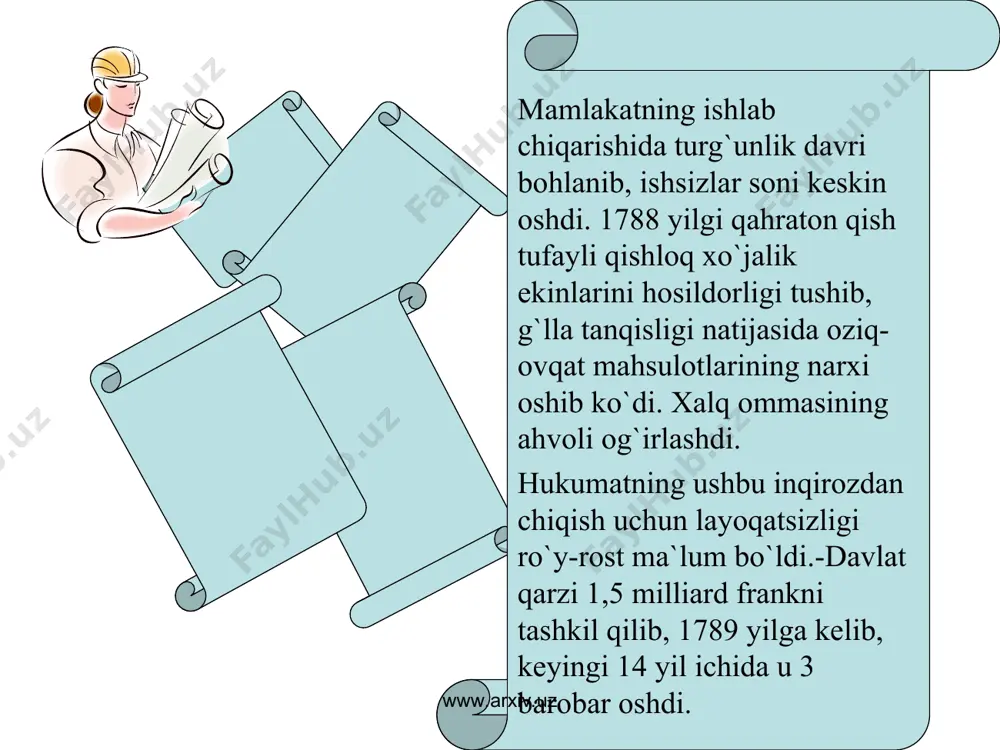 \3 dan ko`prog`i jamoa erlarini bo`lib olishga rozi bo`lsalargina ushbu dekret kuchga kirar edi. 17 iyulda barcha fcodal majburiyatlarini hech qanday to`lovsiz bekor qilish to`g`risida dekret chiqarildi .ammo yer mulkiari va yerlarni ijaraga olish bilan bog`liq barcha majburiyatlar amalda qolaverdi. www.arxiv.uz www.arxiv.uz yerlarni bo`lish to`g`risidagi "agrar qonun" tarafdorlari ta`qib ostiga olindi. yerlarni mablag`i bor kishilsrgina sotib olishlari mumkin edi. end) er kapitalistik mulkka aylana boshlandi. endi u rasmiy sotiladigan va sotib olinadigan bo`ldi, bu so`zsiz ilg`or holat edi. qabul qilingan dekretlar amalda hayotga tadbiq etilmagan bo`lsada, yakobinchilar tomonidan feodal isyonlarni bostirish uchun armiyaga safarbarlikni engillashtirdi. oziq-ovqat masalasi ilgirigidek hal qilinmasdan qolaverdi. yakobincbilar blokida kuchlarning bo`linishi davom etdi. "quturganlar" va "so`l yakobinchilar" inqilobni yanada chuqurlashuvini ta`minlashga harakat qildilar. jamiyatni qutqarish komitetini boshqarayotgan danton va uning tarafdorlari tcrrorni cheklashni talab qildilar. boshqa tomondan robespyer va uning tarafkashlari bar qanday yo`l bilan bo`lsa ham hokimiuatni saqlab qolishga harakat qildilar. asta-sekinlik bilan inqilobiy terror …