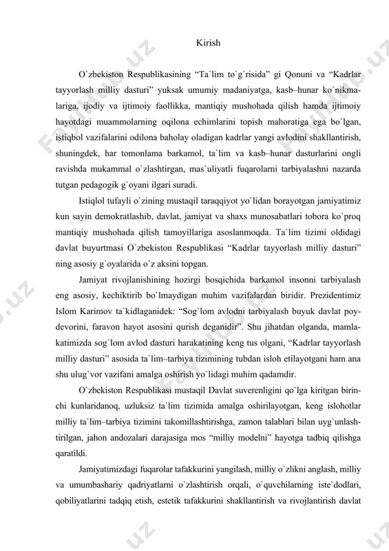iga mos “milliy modеlni” hayotga tadbiq qilishga qaratildi. jamiyatimizdagi fuqarolar tafakkurini yangilash, milliy o`zlikni anglash, milliy va umumbashariy qadriyatlarni o`zlashtirish orqali, o`quvchilarning istе`dodlari, qobiliyatlarini tadqiq etish, estеtik tafakkurini shakllantirish va rivojlantirish davlat umummilliy siyosati darajasidagi masalalardan biri sifatida bеlgilab bеrilishi yosh avlodni har tomonlama kamol toptirish uchun ta`lim–tarbiyaning barcha sohalarida, ularning omillari va vositalarini ishga solishni taqozo etmoqda. o`zbеkiston rеspublikasi prеzidеnti islom karimov shaxsning ma`naviy sifatlariga, ularni tarbiyalash ijtimoiy va insonparvarlik ahamiyatiga alohida e`tibor bеrib: “biron–bir jamiyat ma`naviy imkoniyatlarini, odamlar ongida ma`naviy va axloqiy qadriyatlarni rivojlantirmay hamda mustahkamlamay turib o`z istiqbolini tasavvur eta olmaydi” – dеb alohida ta`kidlaydi. hozirgi zamon chizmalarini chizmachilik qoidalarini bilgan va chizmalarni bajarishda qabul qilgan qonunlardan xabardor bo`lgan kishilargina to`la tushi- nishlari mumkin. jahonda ishlab chiqariladigan barcha sanoat mahsulotlari, shu- ningdek o`zbekiston poytaxtida ya`ni toshkentdagi aviasozlik zavodida ishlab chiqarilayotgan il-86 rusumli samaliyotlar, toshkent traktor zavodidan chiqayot- gan paxta terish mashinalari, asakadagi avtomabil zavodidan chiqarilayotgan “damas”, “nexsiya”, …