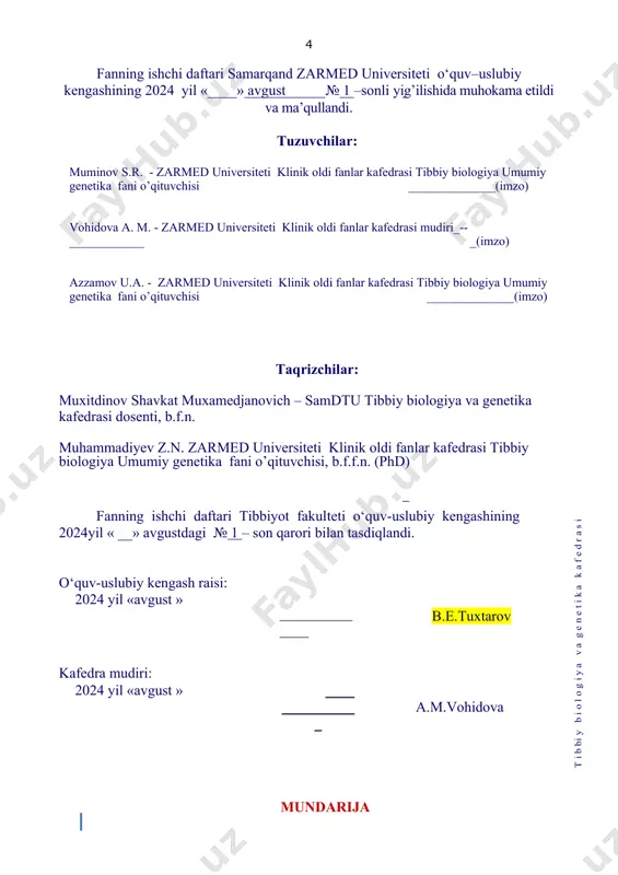 ______________________________________ ____________________________________________________________ 3. vektor to’g’risida tushuncha bering. ____________________________________________________________ ___________________________________________________________ ____________________________________________________________ 2-topshiriq. savollarga javob bering. 1. bitta genning mutasiyasi natijasida qaysi kasalliklar kelib chiqadi? e. ______________________________________________________ f. ______________________________________________________ g. ______________________________________________________ h. ______________________________________________________ 3-topshiriq. rasmda qaysi kasallik ko’rsatilgan? shu kasallikni irsiylanish tipini yozing. 1. ______________________________________________________ 4-topshiriq. rasmda qaysi kasallikning klinik belgisi tasvirlangan? shu kasallikning irsiylanish tipini yozing. 1. ______________________________________________________ mavzu №18. proembrional, embrional rivojlanishning umumiy qonuniyatlari (progenez, embriogenez). postembrional rivojlanishning umumiy qonuniyatlari. qarish 1-topshiriq. savollarga javob yozing. 1. ontogenezga tarif bering. bu tushunchani kim bilologiya faniga kiritgan? ___________________________________________________________ ____________________________________________________________ ____________________________________________________________2. preformizm va epigenez nazariyalar to'g'risida nima bilasiz? ____________________________________________________________ ___________________________________________________________ ____________________________________________________________ ____________________________________________________________ 3. gekkel-myullerning biogenetik qonunining mohiyati. ____________________________________________________________ ____________________________________________________________ ____________________________________________________________ 4. shaxsiy taraqqiyotn