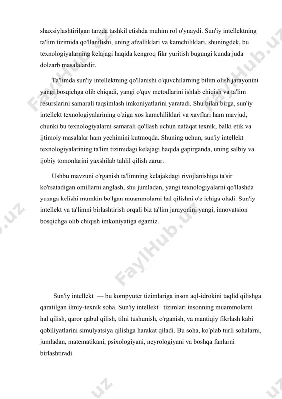 ma qilish · suhbat tizimlari · matnni sentiment tahlil qilish · ovozli buyruqlarni tushunish kognitiv hisoblash: kognitiv hisoblash — bu sun'iy intellektga asoslangan tizimlar, inson aql-idrokini simulyatsiya qilishga harakat qiladi. bunda asosiy maqsad, kompyuterlarning murakkab muammolarni hal qilishda inson kabi qarorlar qabul qilishga imkon berishdir. ibm watson misolida, kognitiv hisoblash tizimi katta hajmdagi ma'lumotlarni tahlil qilish va murakkab savollarga javob berish qobiliyatiga ega. qaror qabul qilish: sun'iy intellekt tizimlari qaror qabul qilish jarayonlarida matematik va statistik modellarni qo'llaydi. bu algoritmlar insonlar uchun optimallashtirilgan qarorlar qabul qilish imkoniyatini yaratadi. masalan, bu soha tibbiyotda diagnostika qilish, iqtisodiyotda savdo strategiyalarini belgilash, yoki moliyaviy tahlil qilishda qo'llanadi. avtonom tizimlar: avtonom tizimlar — bu inson aralashuvisiz o'z-o'zini boshqaradigan va o'zgaruvchan muhitga moslasha oladigan tizimlar. ular masalan, o'z-o'zini boshqaradigan avtomobillar, robotlar, yoki sanoat ishlab chiqarish tizimlarida keng qo'llaniladi. ushbu tizimlar mashina o'rganishi va chuqlik o'rganishi yordamida optimal qarorlar qabul qiladi. kompyuter ko'rish: kompyuter ko'rish — bu …