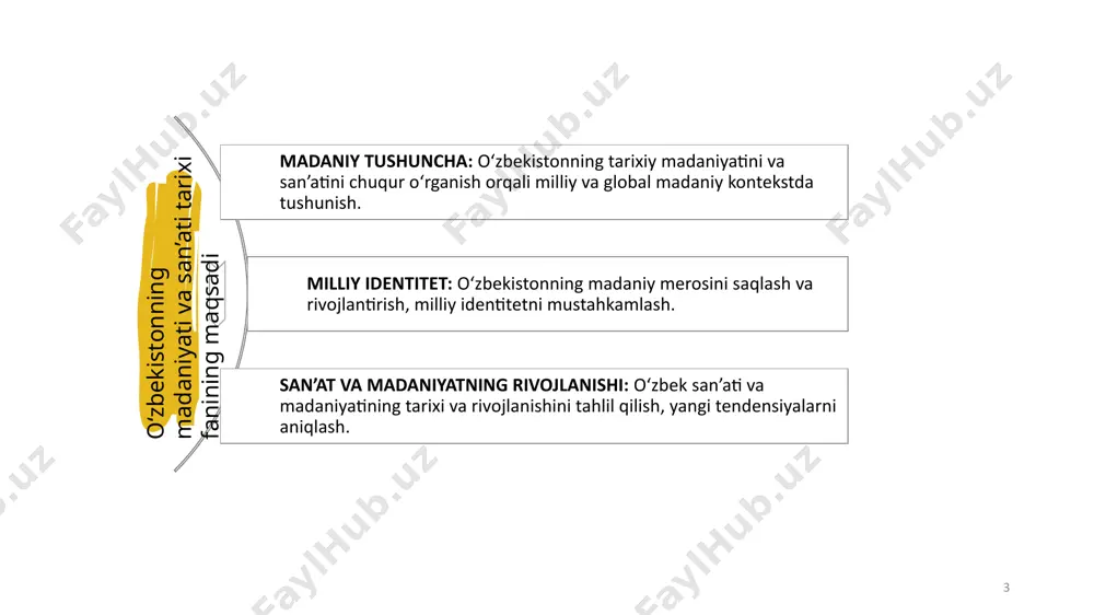 rning dizayni va qurilishi, shaharsozlik, arxitektura uslublari. belgilari: qurilish uslublari, me'moriy obidalar, shahar rejalashtirish. fan madaniyati: ta'rif: fan sohasida kiritilgan bilim va innovatsiyalar, ilmiy metodologiyalar, texnologik yutuqlar. belgilari: ilmiy yutuqlar, eksperimentlar, ilmiy nazariyalar. ta'lim madaniyati: ta'rif: ta'lim tizimlari, pedagogik metodlar, ta'limiy qadriyatlar va uslublar. belgilari: ta'lim usullari, o'quv dasturlari, bilim tarqatish usullari. diniy madaniyat: ta'rif: din va diniy an'analarga oid elementlar, masjidlar, ibodatlar, diniy bayramlar. belgilari: diniy marosimlar, diniy matnlar, ruhiy qadr-qimmatlar. urf-odat va an'ana madaniyati: ta'rif: jamiyatdagi urf-odatlar, an'analar, bayramlar, rituallar. belgilari: mahalliy an'analar, bayramlar, urf-odatlar. ijtimoiy madaniyat: ta'rif: jamiyatdagi ijtimoiy munosabatlar, ijtimoiy tizimlar, me'yorlar va qonunlar. belgilari: ijtimoiy normativlar, qonunlar, ijtimoiy tartiblar. madaniyatning ko‘rinishlar bo‘yicha tasnifi 9 moddiy madaniyat: ta'rif: jamiyatning fizik obyektlari, qurilishlar, asbob-uskunalar va boshqa moddiy yutuqlar. misollar: bino va inshootlar, san'at asarlari (haykallar, rasmlar), texnologiyalar. ma'naviy madaniyat: ta'rif: ruhiy va intellektual tajribalar, qadriyatlar, an'analar va fikrlar. misollar: adabiyot, til, diniy e'tiqodlar, urf-odatlar. tashqi ko‘rinishlar (vizual): …