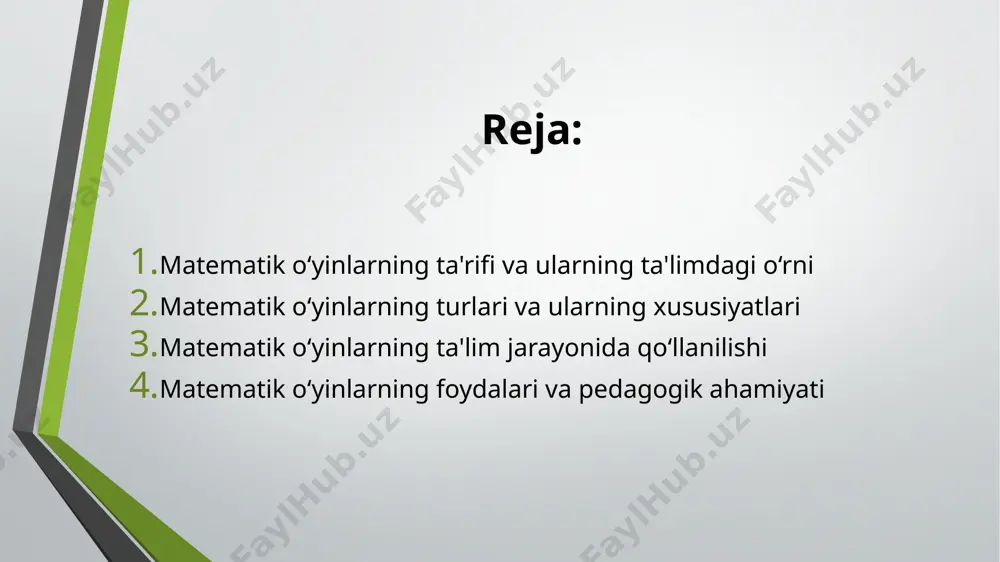 . masalan, mantiqiy o‘yinlar o‘quvchilarning tafakkurini, kombinatorika o‘yinlari esa ularning hisoblash qobiliyatini rivojlantiradi. zamonaviy texnologiyalar yordamida kompyuter va mobil o‘yinlar ham yaratilmoqda. bu o‘yinlar interaktiv va qiziqarli bo‘lib, yosh avlod uchun yanada jozibador bo‘ladi. 3. matematik o‘yinlarning ta'lim jarayonida qo‘llanilishi matematik o‘yinlarni ta'lim jarayonida samarali qo‘llash uchun ularni dars rejalariga kiritish zarur. o‘qituvchi o‘quvchilarning yoshiga, qiziqishlariga va mavzuning murakkabligiga qarab, mos o‘yinlarni tanlaydi va ularni dars davomida qo‘llaydi. o‘yinlar yangi mavzuni tushuntirish, mavzuni mustahkamlash yoki bilimlarni nazorat qilishda qo‘llanilishi mumkin. masalan, yangi matematik tushunchalarni o‘rgatishda o‘yinlar mavzuni yodda saqlash va tushunishni osonlashtiradi. shu bilan birga, o‘yinlar o‘quvchilarning mustaqil fikrlashini rag‘batlantiradi va ularni muammolarni yechishga undaydi. jamoaviy o‘yinlar o‘quvchilarning bir-biri bilan hamkorlik qilish ko‘nikmalarini rivojlantiradi. bu esa ijtimoiy muhitni yaxshilaydi va o‘quvchilar o‘rtasidagi aloqalarni mustahkamlaydi. 4. matematik o‘yinlarning foydalari va pedagogik ahamiyati matematik o‘yinlarning ta'limdagi ahamiyati katta. ular o‘quvchilarda matematikani sevish va unga qiziqishni oshiradi. o‘yinlar nafaqat bilimlarni mustahkamlash, balki tafakkur, …