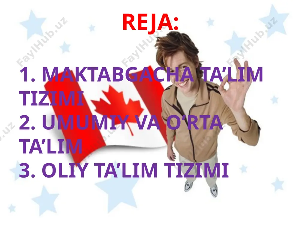 rli qo’shimcha takliflar va konsultatsiya xizmatlariga ega sinf hajmi nisbatan maydaroq. ushbu maktablar maksimum 100 yoki 200 o’quvchiga ega. ko’pchilik bolalar umumiy maktabga qatnasahdi faqatgina 8 % o’quvchilar xususiy maktablarga qatnashishadi umumiy maktablar mamlakat turli nuqtalarida joylashgan maktab qiymati yiliga 10 000 $ dan 28 000 $ ga bulishi mumkin har bir o’quvchiga. ko’pchilik maktablar diniy maqomga ega. ingliz tili yoki yuqri darajadagi ingliz tili matematika yoki oliy matematika kimyo, fizika, biologiya, fransuz tili drama , gimnastika va san’at yuqori maktablarda mavjud bo’lgan asosiy yo’nishlar -kanada maktablarida uniformalar odatiy hisoblanmaydi -odatda, xususiy maktablar ajralib turish maqsadida uniformalar joriy etishadi -umumiy maktablarda esa dress code asosida faoliyat yo’lga qo’yilgan. maalan o’quvchilar kalta shim va shippakda maktab binosiga kiritilmaydi. kollej: -2 yoki 3 yil ta’lim olishni o’z ichiga oladi. universitet: -3-4 yil ta’lim olishni o’z ichiga oladi. -3 yil bakalavr darajasi -4 yil yuqori yo’nalish mutaxasisi kurs davomiyligi hujjat maqomi to’liqsiz oliy …