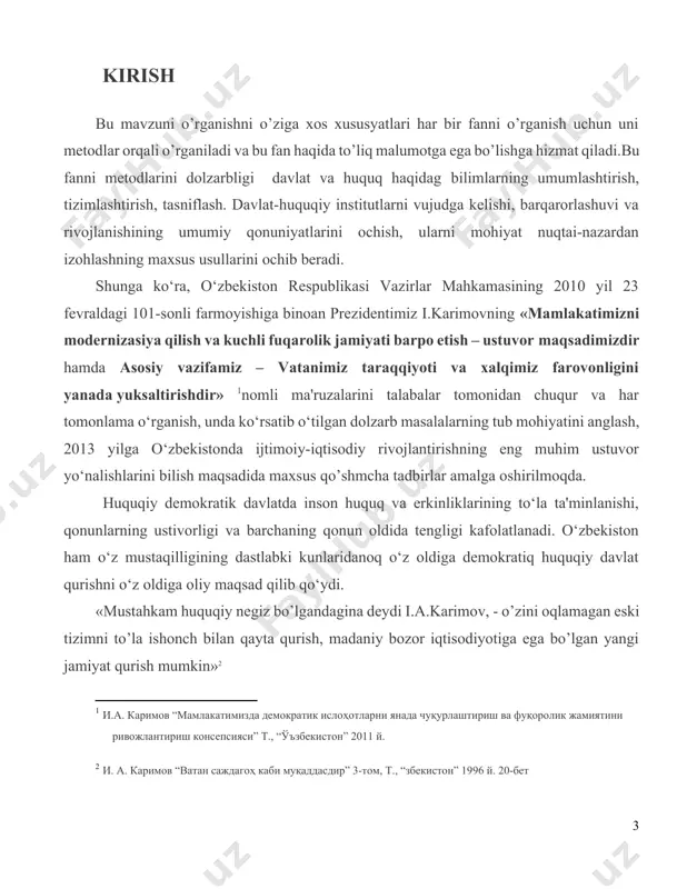 еns fridmanning aytishicha: «huquq tushunchasi shishadеk nozik, sovun ko’pigidan hosil bo’ladigan pufaklarday omonat, vaqtdеk tutqich bеrmas ko’pdan-ko’p ma'nolarga ega. huquq ta'limoti haqida kеng ma'noda fikr, mulohaza yuritish mumkin. dеmak, har bir shaxs huquqiy bilim va ilm olishi lozim, shundagina davlatda o’z o’rniga, mavqеiga ega bo’lishi mumkin [3: fridman l.vvedenie v amerikanskoe pravo m:1992.st ] har bir fanni aniqlash uchun bu fanning umumiy fanlar tizimida tutgan o’rni, roli va ahamiyati,o’rganiladigan ob'еktini bilish zarur bo’ladi.boshqa fanlar hatori «davlat va xuquq nazariyasi» insonlarning faoliyat doirasini ifodalab bеruvchi fan sifatida o’z oldiga shunday vazifani qo’yadi, ya'ni: birinchi navbatda, davlat va huquq to’g’risidagi hodisalarni, bu hodisalarning jamiyatdagi o’rni xuquqiy fikrlarning ob'еktivligi borasidagi bilimlarni ishlab chiqish va uni nazariy jihatdan ma'lum bir tizimga solishni ko’zlaydi. davlat va huquq to’g’risidagi ilm - bu davlat-huquqiy hodisalarning paydo bo’lishi, rivojlanishi va amal qilishini o’rganuvchi umum siyosiy-yurudik qonuniyatlar xaqidagi bilimlar tizimining yig’indisidir. bu fan yuqoridagi hodisalarni to’laligicha o’rganadi(ko’zatadi) va shu …