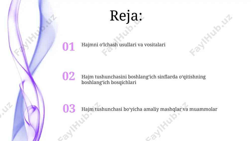 haklidagi jismlar uchun v = a³ formulasi qo‘llaniladi, bunda "a" kubning yon tomonining uzunligini bildiradi va hajmi kubik birliklarda o‘lchanadi. masalan, 5 sm yonli kubning hajmi 125 kub sm bo'ladi. prizmalar hajmini hisoblash uchun s asos h formulasi qo‘llaniladi, bunda s asos – asos yuzasi maydoni, h – balandlikdir. masalan, 10 sm² asos maydoni va 7 sm balandlikdagi prizmaning hajmi 70 kub sm ni tashkil etadi. kub va kuboidning hajmini hisoblash kubning hajmini hisoblash uchun uning yon tomonining uzunligini (masalan, 5 sm) o'ziga uch marta ko'paytirish kerak: 5 sm x 5 sm x 5 sm = 125 kub sm. bu formula v = a³ bilan ifodalanadi. kuboidning hajmini topish uchun uning uzunligi, eni va balandligini ko'paytirish zarur. masalan, 4 sm x 3 sm x 2 sm = 24 kub sm. formula v = l x w x h ko'rinishida yoziladi. hajm tushunchasining rivojlanish bosqichlari hajm tushunchasi 1-sinfda geometrik shakllar (kub, …
