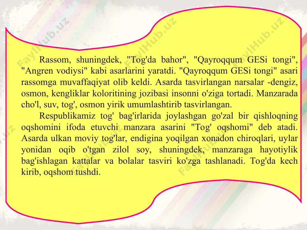 yaratilgan amir temur siymosi g'olib deb topildi. tanlov yakuni bo'yicha o'tkazilgan yig'ilishda o'zbekiston respublikasining birinchi prezidenti i. karimov ishtirok etib, asar haqida quyidagi fikrlarni bildirdi: "men urnrining ko'p qismi harbiy yurish va safarlarda, el-yurt tashvishida o'tgan insonning qo'llari, barmoqlari, gavdasi qanday bo'lishi, yuz-ko'zlari qanday ma'no anglatishi zarurligi haqida o'z mulohaza va takliflarimni aytdim. 84-rasm. malik nabiev. "amir temur portreti" 85-rasm. malik nabiev. "bobur portreti" shundan so'ng o'zbekiston xalq rassomi malik nabiyev ana shu fikrlar asosida portretni qayta ishladi va butunlay boshqa siymo — bugungi kunda xalqimizga yaxshi ma'lum bo'lgan sohibqironning mumtoz qiyofasi pay do bo'ldi. aynan shu siymo keyinchalik yurtimizda amir temur bobomizga atab barpo etilgan barcha haykallar uchun asos bo'lib xizmat qildi" (i. karimov. "yuksak ma'naviyat - yengilmas kuch". 2008-y. 151-152-betlar). malik nabiyev ozodlik uchun kurashni aks ettiruvchi "spitamen qo'zg'aloni", "jizzah qo'zg'aloni", "samarqandda hunarmandlar qo'zg'aloni " kabi qator asarlarini ham yaratdi. o'zbekiston xalq rassomi abdulhaq abdullayev a. abdullayev 1918-yilda …