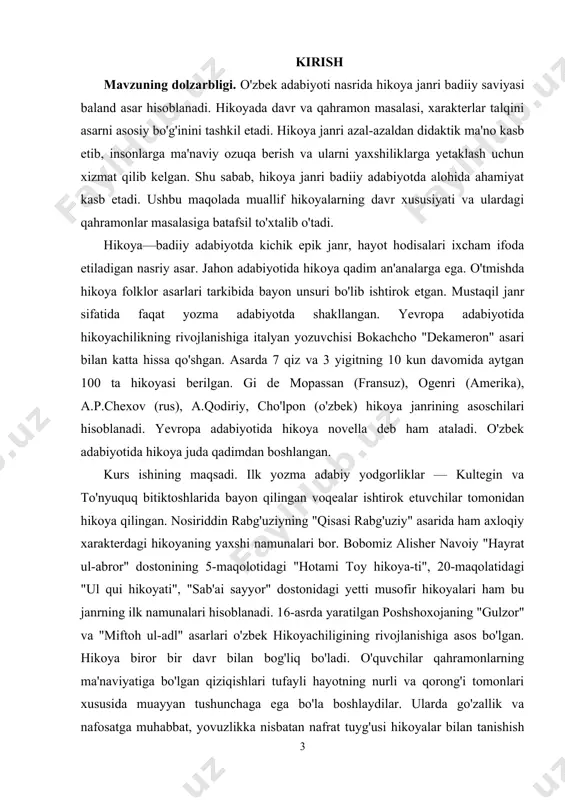 azifasidan kelib chiqib ish ko'rishni taqozo etadi. undagi har bir so'z, ibora, gap yozuvchining fikrini ifodalashga xizmat qiladi.[footnoteref:1] [1: husanov b. g‘ulomov v. ―muomala madaniyati‖ darslik- t, iqtisod- moliya 2009- y] "hikoya" atamasi kengroq ma'noda biror voqeani gapirib berishni ham anglatadi. so'zlab berilgan bunday voqelik o'z qamrovi, hajmi, rang-barangligi bilan qissa yoki romanga xos bo'lishi ham mumkin. bunday hollarda bu atama janr ma'nosida tushunilmaydi. masalan, o'.hoshimovning "ikki eshik orasi" romani 9 personajning 49 ta hikoyasidan tashkil topgan. sh.xolmirzayev "olabo'ji" asarini "romandan katta hikoya" deb ataydi. hozirgi o'zbek hikoyachiligi o.muxtor, n.aminov, s.siyoyev, f.musajonov, x.sultonov, e.a'zamov, n.eshonqulov, sh. bo'tayev va boshqa yozuvchilar bilan boyidi. hikoya inson hayotida yuz bergan ixcham voqeani lo'nda ifodalashga mo'ljallangan. unda shu voqeaga qadar personaj hayotida nima bo'lgan, qanday ro'y bergan, kim bilan — bular to'g'risida ma'lumot berish shart emas. juda zarur bo'lsa, ayrim detallar orqali ishora qilinishi mumkin. masalan, a.qahhorning "o'g'ri" hikoyasida qobil boboning kechagi kuni haqida …