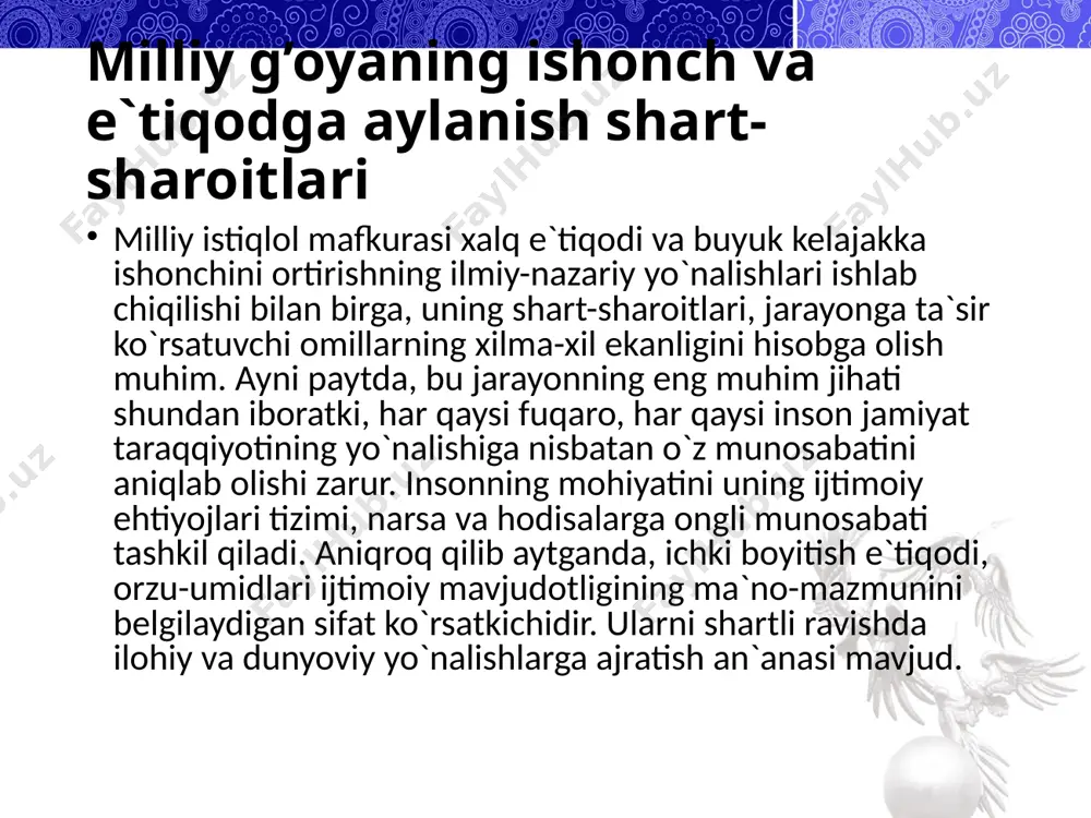 li tom ma’noda muhtaram yurtboshimiz rahnamoligida taraqqiyotning “o’zbеk modеli” asosida jamiyatimizning barcha jabhalarida rivojlanish, xalqimiz turmush farovonligini oshirish, xalqaro hamjamiyatda davlatimiz nufuzini yuksaltirish va eng muhimi, tinchlik, osoyishtalik barqaror bo’lgan erkin fuqarolik jamiyatini qurish davri bo’ldi. tarixan qisqa davrda mamlakatimiz iqtisodiyoti 5,5 barobardan ko’proq o’sgani, aholimizning rеal daromadlari jon boshiga hisoblaganda qariyb 9 barobar oshgani, bunga erishish uchun o’tgan davr mobaynida iqtisodiyotimizga 190 milliard dollar hajmidagi invеstitsiyalar, jumladan, 65 milliard dollardan ortiq xorijiy sarmoyalarni jalb etish hisobidan biz uchun mutlaqo yangi bo’lgan avtomobilsozlik, nеft va gaz kimyosi, nеft-gaz mashinasozligi, zamonaviy qurilish matеriallari sanoati, tеmir yo’l mashinasozligi, maishiy elеktronika, farmatsеvtika, yuqori tеxnologiyalarga asoslangan oziq-ovqat va to’qimachilik sanoati kabi soha va tarmoqlarga asos solindi qishloq xo’jaligi sohasida mutlaqo yangi iqtisodiy munosabatlar joriy etilib, fеrmеrlik harakati rivoji uchun kеng yo’l ochib bеrilgani, bugungi kunda fеrmеr xo’jaliklarimiz nafaqat qishloq xo’jaligi mahsulotlarining 90-92 foizini ishlab chiqarayotgani, balki qishloq taraqqiyoti uchun mas’uliyatni o’z zimmasiga olgan qudratli …