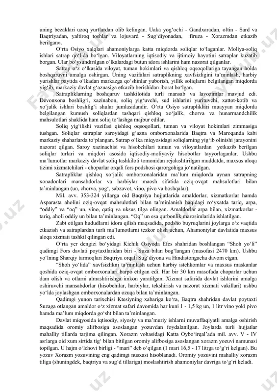 qqiy qilgan. xorazm, marg‘iyona, baqtriya va sug‘d hududlaridagi shaharlar mudofaa devorlari bilan o‘ralgan. markaziy shaharlarda viloyat hokimlarining yirik saroylari bunyod etilgan. ularning baland poydevori bo‘lib, inshootlar qalin devorlar bilan mustahkamlangan. shaharlar keng joylarni egallagan. jamoa uy-joylari 6-8 xonalardan iborat bo‘lib, paxsa va xom g‘ishtdan qurilgan. xonalarning devori ichiga va xonalarning markaziy qismida o‘rnatilgan sandal shakldagi uchoqlar mavjud. qurilishda ganch, yog‘och va loy keng darajada ishlatilgan. uylarda supa va ayvonlar mavjud bo‘lgan. mudofaa devorlari qurilishida yirik, xom g‘ishtlar ishlatilgan. uy-joy sathlari loy bilan suvalgan, oziq-ovqat mahsulotlari saqlash uchun mo‘ljallangan xo‘jalik omborxonalarining sathlari toshlar va sopol siniqlaridan terilgan. persepol saroyining tosh devorlaridagi sug‘dlar, baqtriyaliklar, xorazmliklar va saklarning bo‘rtma tasvirlari bu xalqlarning etnik qiyofasi, qurollari va kiyim - boshlari qanday bo‘lganligini tasvirlab turadi. o‘rta osiyo xalqlarining qurollari va qurol yasash uslublari qadimgi sharqda mashhur bo‘lgan. baqtriya o‘q - yoylari, xorazm dudama -xanjarlari, saklarning harbiy boltalari bronzadan yasalgan. ahamoniylar davrida o‘rta osiyoda dehqonchilik turli …