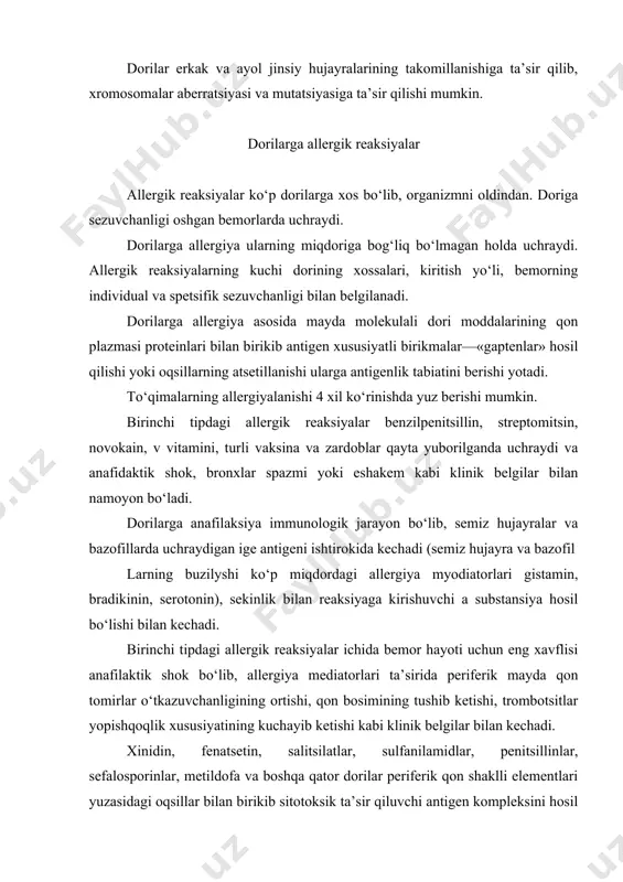 simining tushib ketishi, trombotsitlar yopishqoqlik xususiyatining kuchayib ketishi kabi klinik belgilar bilan kechadi. xinidin, fenatsetin, salitsilatlar, sulfanilamidlar, penitsillinlar, sefalosporinlar, metildofa va boshqa qator dorilar periferik qon shaklli elementlari yuzasidagi oqsillar bilan birikib sitotoksik ta’sir qiluvchi antigen kompleksini hosil qiladi. bu antigen kompleksi gumoral antitelalar hosil bo‘lishini kuchaytiradi, hosil bo‘lgan antitelalar qon shaklli elementlari yuzasiga so‘rilib, ularniing buzilishigatsitotoksik immun jarayonga sabab bo‘ladi (ikkinchi tipdagi reaksiya). bu jarayonning rivojlanishida faollovchi antitelalar kompleksi hosil bo‘lishi asosiy o‘rin tutadi. sitotoksik ta’sir etuvchi bu moddalar — anemiya, trombotsitopeniya va agranulotsitozga sabab bo‘ladi. uchinchi tipdagi allergik reaksiyalar igm, igg immunoglobulinlarni biriktiruvchi zaharli immunkomplekslar hosil bo‘lishi bilan bog‘liq. bu komplekslar qon tomirlari bazal membranasida va ularni o‘rab turgan to‘qimalarda topilgan. hosil bo‘lgan komplekslar gistaminni, kinin tizilmasini faollashtiradi va trombotsitlar yopishqoqligini oshirib, mikrotromblar paydo bo‘lishini va qon tomirlarni toraytiruvchi aminlar hosil bo‘lishini ko‘paytiradi. allergik zararlanish rivojlangan joyga qarab vaskulit, dermatit, nefrit, alveolitlar ko‘rinishida namoyon bo‘lishi mumkin. komplementning ortiqcha …