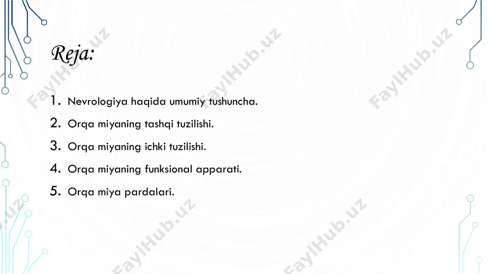 ite matter) substantia grisea substantia alba canalis centralis • yuqorida – iv qorincha • pastda – ventriculus medullaris • canalis centralis miya suyuqligi (liquor) bilan to’lgan • canalis centralis atrofidagi kulrang modda – substantia intermediocentralis substantia intermediocentralis iv qorincha kulrang modda • 2 ta shox (gorizontal kesma): i. cornu anterius ii. cornu posterius • 2 ta ustun (vertikal kesma): i. columna anterior ii. columna posterior c8-l3 sohada: • lateral shox (gorizontal) – cornu laterale • lateral ustun (vertikal) – columna laterais • n. proprius cornu posterioris • n. thoracicus (klark yadrosi) • n. intermediolateralis (c8-l3 sohada) • n. intermediomedialis • substantia gelatinosa (rolland moddasi) • zona spongiosa • zona terminalis cornu posterius yadrolari: • n. centralis • n. ventrolateralis • n. ventromedialis • n. dorsolateralis • n. dorsomedialis cornu anterius yadrolari: c1-c5(c6) bo’yin segmentlarida oldingi va orqa shoxlar oralig’ida xii juft bosh miya nervi (n. accessorius) yadrosi joylashgan. c1-c4 bo’yin …