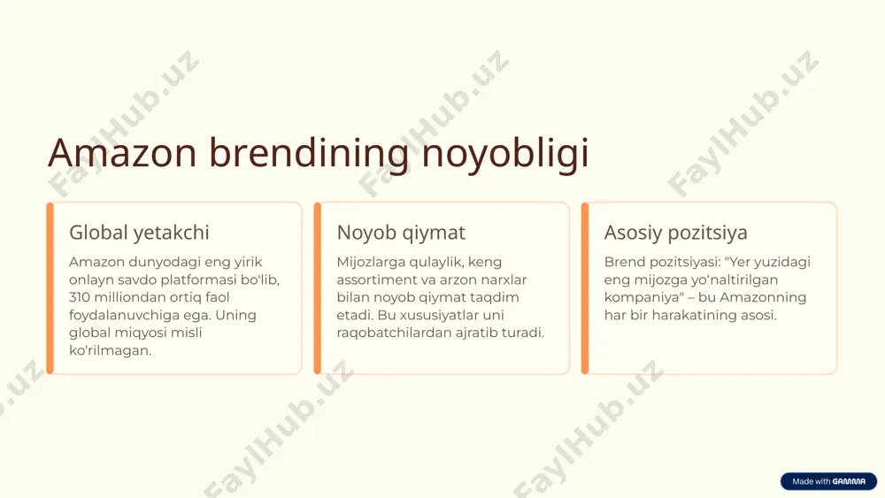 va raqobatchilar tahlili orqali brendning noyob qiymatini belgilash muhimdir. aniq brend bayonoti yakuniy qadam – brendning asosiy qadriyatlari va va'dalarini o'zida mujassam etgan aniq va qisqa brend pozitsiyasi bayonotini yaratish. 5 amazonning brend tajribasi jamoasi roli amazonning brend tajribasi jamoasi mijozlar va brendlar o'rtasida mustahkam aloqalar yaratishda muhim rol o'ynaydi. aloqalarni mustahkamlash jamoa mijozlar va brendlar o'rtasida ishonchli va doimiy aloqalarni ta'minlaydi. marketing kampaniyalari shaxsiylashtirilgan marketing kampaniyalari va kontent orqali mijozlarni faol jalb qiladi. innovatsion qarorlar innovatsion vositalar va ma'lumotlarga asoslangan qarorlar qabul qilish orqali samaradorlikni oshiradi. 6 rtb va brend va'dasining biznesga ta'siri sadoqatni oshirish kuchli rtb va brend va'dasi mijozlar sadoqatini oshiradi va qayta xaridlarni rag'batlantiradi. brend tan olinishi brend tan olinishini kuchaytiradi va bozordagi o'rnini mustahkamlaydi, bu esa raqobat ustunligini ta'minlaydi. daromadni ko‘paytirish reklama samaradorligini oshiradi va natijada daromadni ko'paytiradi. 7 amazon reklama strategiyasida rtb va brend va'dasi amazonning reklama strategiyasi rtb va brend va'dasiga asoslanib, mijozlarni …