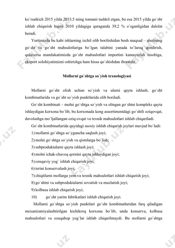 matlari bo`lgan mollar qo`shimcha tekshiruvdan o`tkazish uchun maxsus karantin xonalariga o`tkaziladi. kasal mollar esa go`shtga maxsus sanitariya-qoidalariga rioya qilgan holda so`yish xonalariga jo`natiladi. go`shtlarning sifatiga molni so`yishdan oldin saqlab turish sharoitlari va go`shtga so`yish texnologik jarayonlari katta ta`sir ko`rsatadi. chorva mollarini go`shtga so`yishdan oldin ma`lum vaqt davomida saqlab turishdan maqsad – ularni dam oldirish va so`yishga tayyorlashdan iboratdir. chorva mollarini so`yishdan oldin ularga dam berishning zaruriyati shundan iboratki, mollarni transport vositalarida yoki ularni go`sht kombinatlariga haydab kelish natijasida ular toliqadi. toliqqan mollarda esa ularning organizmining mikroorganizmlarga qarshi kurashish qobiliyati juda pasayib ketadi. bunday mollarni so`yganda mikroorganizmlar oshqozon devorlaridan ularning qoniga o`tib har xil to`qimalariga va organlariga tarqaladi. toliqqan mollarning go`shtining sifati va saqlanuvchanligi so`yishdan oldin yaxshi dam oldirilgan mollarning go`shtining sifati va saqlanuvchanligiga qaraganda ancha past bo`ladi. go`sht kombinatlarida chorva mollarini so`yishdan oldin saqlab turiladigan sexlarning go`sht kombinatining bir kunlik ish hajmiga mo`ljallangan bo`ladi. go`sht kombinatlariga bir keltirilganda ularning uzluksiz …
