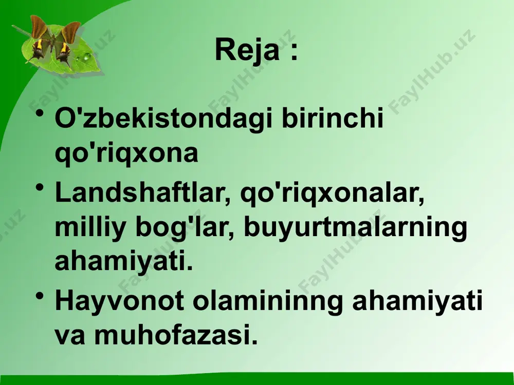 qxona maydoni, km1 o'simlik-larning turlar son! qush turlari-ning soni sutemizuvchi hayvonlarning turlar soni 1 2 3 4 5 6 7 o'zbekiston respublikasi baday-to'qay zomin zarafshon qizilqum nurota chotqol 1971 1926, 960 1979 1971 1975 1947 64,6 268,4 23,60 101,4 177,5 35724 136 700 300 937 600 1100 90 130 160 50 150 100 40 500/950 30 qozog'iston respublikasi aksutjabag'li almata borsa-kelmas markako'l 1921 1931 1936 1976 74416 91552 18300 71367 1200 165 238 117 202 200 42 39 12 40 chotqol tog '-o'rmon davlat qo 'riqxonasi o'zbekistondagi eng yirik qo'riqxona bo'lib, 1947-yilda tashkil qilingan, hozirgi maydoni 451,6 km2. o'simlik dunyosida 1100 dan ortiq daraxt va butalar turi bor. qoyalarda 2 tur archa o'sadi, daryolar bo'ylari qarag'ayzorlar bilan qoplangan, qo'riqxona hayvonlarga boy. nurota tog '-yong 'oq qo'riqxonasi navoiy viloyatining forish tumanida nurota tog'larining shimoliy yonbag'irlarida 1975-yili noyob hayvon turi seversev qo'ylarining populyatsiyasini saqlash va yong'oq turlarini himoya qilish maqsadida tashkil etilgan. …