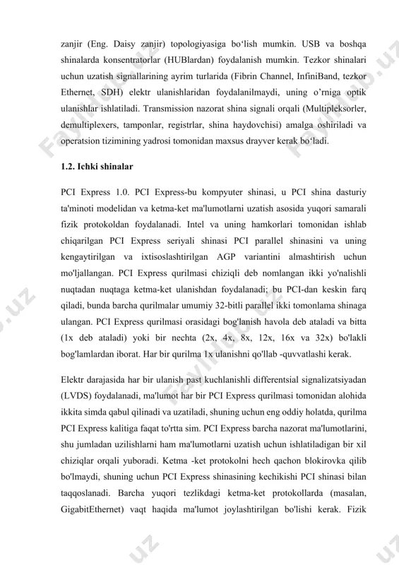ravishda o'rnatiladi. hypertransport shinasi paketlarga asoslangan. har bir paket shinaning fizik kengligidan qat'i nazar (ma'lumotlar qatorlari soni) 32 bitli so'zlardan iborat. paketdagi birinchi so'z har doim nazorat so'zidir. agar paketda manzil bo'lsa, nazorat so'zining oxirgi 8 biti keyingi 32-bitli so'z bilan birlashtirilib, natijada 40-bitli manzil paydo bo'ladi. shina 64-bitli manzilni qo'llab-quvvatlaydi-bu holda, paket 64-bitli manzilni ko'rsatuvchi maxsus 32-bitli nazorat so'zidan boshlanadi va 40 dan 63 gacha manzil bitlarini o'z ichiga oladi (manzil bitlari 0 dan boshlab raqamlangan). paketning qolgan 32 bitli so'zlari to'g'ridan-to'g'ri uzatiladigan ma'lumotlarni o'z ichiga oladi. ma'lumotlar har doim haqiqiy uzunligidan qat'i nazar, 32-bitli so'zlar bilan uzatiladi (masalan, bitta baytni o'qish so'roviga javoban, 32 bitli ma'lumotlarni o'z ichiga olgan paket shina orqali uzatiladi va faqat 8 bu 32 bit muhim). 2.1kompyuter shinasining asosiy ko’rsatgichlari kompyuter shinasining uchta asosiy ko'rsatkichi bor: soat chastotasi, bit kengligi, ma'lumotlarni uzatish tezligi yoki tarmoqli kengligi. har qanday kompyuterning ishlashi kristalli osilator tomonidan aniqlangan …