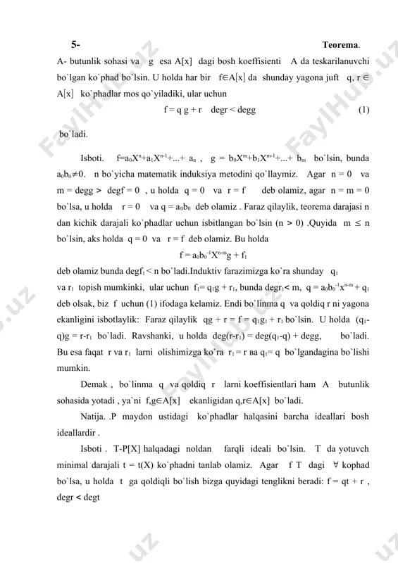 ( chunki f(t(qt-lar т ideolning elementlaridir. t ni tanlab olishimizga ko`ra r = 0 bo`ladi .demak, f(x) t(x) gab o`linadi va т= (t) = tp[x] ya`ni т ideal t(x) gab o`linuvchi ko`phadlardan tuzilgan. 6- теоrema . kompleks sonlari maydoni c r[x]/(x2+1)r[x] factor halqaga isomorf bo`ladi. isboti. ravshanki ( c = r[i] ( r[x]/i bunda i={f(r[x]/f(i)=0} agar (a(b)((0,0) bo`lsa ( a+bi(0 bo`ladi va i2+1=0 ekanligidan x2+1 ( i( u holda 5- теоrema natijasiga ko`ra i=(x2+1)r[x] kelib chiqadi. r[x]/i factor halqa elementlari (a+bx)+i qo`shni sinflar bo`ladi. а(b(r lar uchun a+bi((a+bx)+i moslik c va r[x]/i faktor halqalar o`rtasida isomorfzimni ifodalaydi. adabiyotlar 1.кострикин а.и. введение в алгебру.учебник.м.наука,1977г. 2.ҳожиев ж., файнлейб.ф.с. алгебра ва сонлар назарияси курси. т. 2001 й. 3.курош ф.г. олий алгебра курси. т.укитувчи . 1976 й.. 4.фадеев д.к.,соминский и.с.сборник задач по высшей алгебре. м.наука .1976 г. 5. гелфанд и.м. лекции по линейной алгебре. http://www.mcmee.ru, http://lib.mexmat. ru. 6. курош а.г. курс высшей алгебре http://www.mcmee.ru, …
