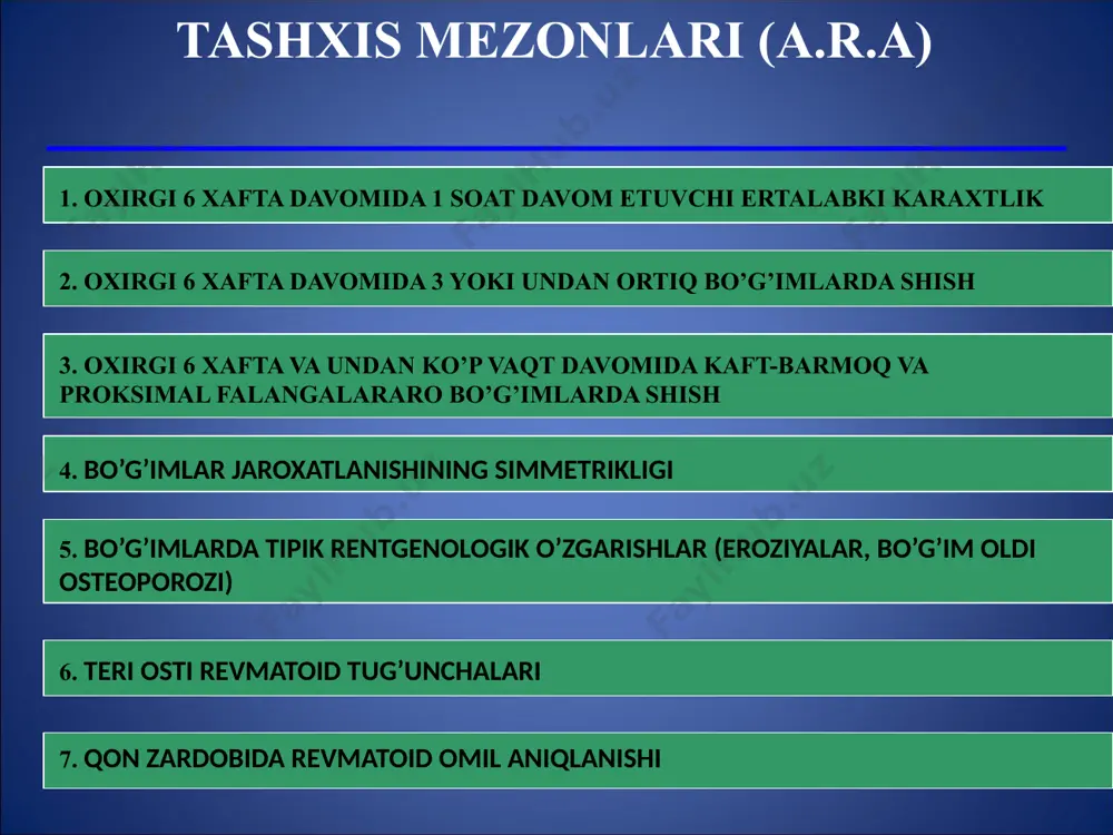 li artriti, tovon paylari va tovon suyaklarida og’riq, kon'yuktivit, uretrit belgilari psoriatik artrit – psoriaz elementlari aniqlanishi, distal falangalararo bo’g’imlar jarohatlanishi nyak va kron kasalligidagi artrit – o’rta yirik bo’g’imlar, umurtqa jarohatlanishi, ko’pincha tugunli eritema bilan qo’shilib keladi mikrokristallik artritlar – o’tkir boshlanishi va kuchli og’riq, sinovial suyuqlikda kristallar aniqlanadi osteoartroz – mexanik va tart xarakteridagi og’riqlar, bo’g’imlarda qisirlash, ertalabki karaxtlik uzoq davom etmaydi, geberden va bushar tugunchalari, o’ziga xos rentgenologik manzara revmatoid artritni davolash i - bazis davo: 1) aminoxinolinlar - delagil - plakvenil 2) oltin preparatlari - auronofin, ridaura, tauredon 3) d- penitsilamin - kuprenil 5) immunodepressantlar metotreksat arava - siklofosfamid 6) sul'fanilamidlar - sul'fosalazin - salazopiridin 7) remikeyd 8) leflyunomid ii - gormonoterapiya: 1) tizimli prednizolon, metipred 2) lokal kenalog, diprospan bo’g’im ichiga iii - n. p. v. p. sog-2 ingibitorlari - ketonal - nimesil - brufen - ortofen iv – fizioterapiya muolajalari v – sanator-kurort davo …