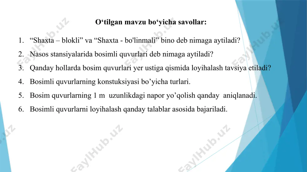 li inshoot; i - bosimli quvur; 2 - havo kiritish tuynugi; 3 - tez harakatlanuvchi darvoza; 4 - ta'mirlash darvozasi uchun o'yilma. mexanik qulfakli suv chiqarish inshootlari tuzilishi sodda bo'lishi bilan birga oz gidravlik qarshilikka ega, sifonli suv chiqarish inshootiga nisbatan arzon, kanaldagi suv sathini o'zgarishi ularning ish jarayoniga ta'sir etmaydi. lekin darvozalarining zich berkilmasligi oqibatida suv sizishi bosimli quvurlarni ta'mirlash va kuzatish ishlariga salbiy ta'sir ko'rsatadi. sifonli suv chiqarish inshooti (1.2-rasm) bosimli quvurni oxirgi qismi bo'lib, uni egilishi shunday o‘rnatiladiki, bo'yincha qismi maksimal suv sathidan yuqorida, chiqish qismi og'zining yuqori qirrasi minimal suv sathiga botirilgan hołda joylashtiriladi. nasos ishga solinganda bosimli quvur suvga to'lishi bilan undagi havo ochiq holdagi vakuum yo'qotish qopqog'i orqali siqib chiqariladi. quvur suvga to'lgandan so'ng suv sifonni yelkasidan quyilib o'ta boshlaydi. sifonning pasayuvchi tomonidagi suv sathi ana shu holatda ortiqcha bosim qiymatigacha pasayadi (1.2,b-rasm). suv aeratsiyalanib o'zi bilan havoni yuqori befga chiqarib ketadi. bu holatda …