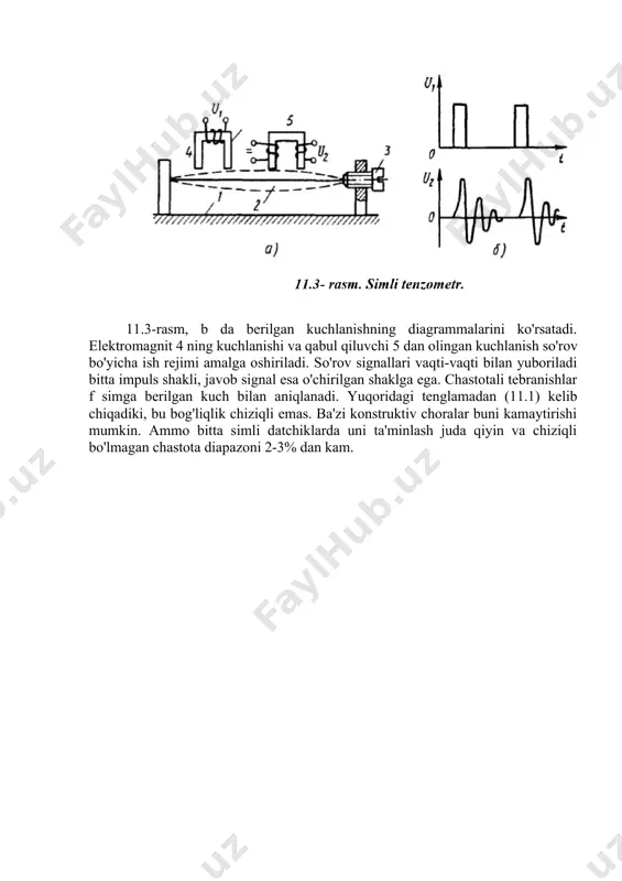 shakli, javob signal esa o'chirilgan shaklga ega. chastotali tebranishlar f simga berilgan kuch bilan aniqlanadi. yuqoridagi tenglamadan (11.1) kelib chiqadiki, bu bog'liqlik chiziqli emas. ba'zi konstruktiv choralar buni kamaytirishi mumkin. ammo bitta simli datchiklarda uni ta'minlash juda qiyin va chiziqli bo'lmagan chastota diapazoni 2-3% dan kam. 11.4- rasm. differensial simli datchik. konversiya aniqligini oshirish foydalanishning lineerligini shakllantirish va ikki qatorli differentsialdan datchiklarda foydalaniladi. transformatorni kuchga kiritganda chastota (11.4-rasm) ikkita satrdan iborat 1 va 2, past burchak ostida aralashtiriladi, va bir-biriga 2f0 kuch bilan ta‘sir qiladi. prujina 4 boshlang'ich vaziyatni muvozanatlashtiradi. simdagi f0 kuchlanish struna 2ga beriladi. o'lchangan f naychaning richag 5 dagi umumiy kuchlanish kuchi 2f0 ni qayta taqsimlaydi, kuchlanishni oshirib f2 torlar 2 va kuchlanishning pasayishi f1 struna 1 ga ta‘sir qiladi. simlar ostida 1 va 2 tartiblangan ebranish chastotasi 6 va7priyomniklardaqabulqilinadi. qabulqilgichlar 10 va 11 uchaytirg ichlarning kiritilishiga, qo'zg'atuvchilar esa ulangan ushbu kuchaytirgichlarning chiqishiga muvofiq ravishda o‘zgaradi. 10 …