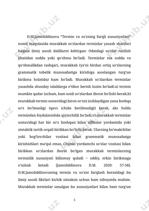 ngan turg‘un birikma holatida) ham bo‘ladi. murakkab so‘zlardan terminlar yasashda shunday talablarga e’tibor berish lozim bo‘ladi:a) termin mumkin qadar ixcham, kam sonli so‘zlardan iborat bo‘lishi kerak;b) murakkab termin sostavidagi biron so‘zni izohlaydigan yana boshqa so‘z bo‘lmasligi (qavs ichida berilmasligi) kerak, aks holda termindan foydalanishda qiyinchilik bo‘ladi;v) murakkab terminlar sostavidagi har bir so‘z boshqasi bilan affikslar yordamida yoki sintaktik tartib orqali birikkan bo‘lishi kerak. ularning ko‘makchilar yoki bog‘lovchilar vositasi bilan grammatik munosabatga kirishishlari ma’qul emas. chunki yordamchi so‘zlar vositasi bilan birikkan so‘zlardan iborat bo‘lgan murakkab terminlarning terminlik xususiyati bilinmay qoladi ~ oddiy, erkin birikmaga o‘xshab ketadi [jamoliddinova d.m. 2020: 57-58]. d.m.jamoliddinovaning termin va so‘zni farqlash borasidagi bu ilmiy asosli fikrlari kichik sintaksis uchun ham nihoyatda muhim. murakkab terminlar sanalgan bu xususiyatlari bilan ham turg‘un birikmalarga yaqinlashadi. deyarli bir yarim asr oldin i.i.sreznevskiy “ifodalardan so‘zlarning hosil bo‘lishi haqida eslatmalar” (sreznevskiy 1873) maqolasini e’lon qildi, unda u birinchi marta so‘z birikmalaridan murakkab so‘zlarning …