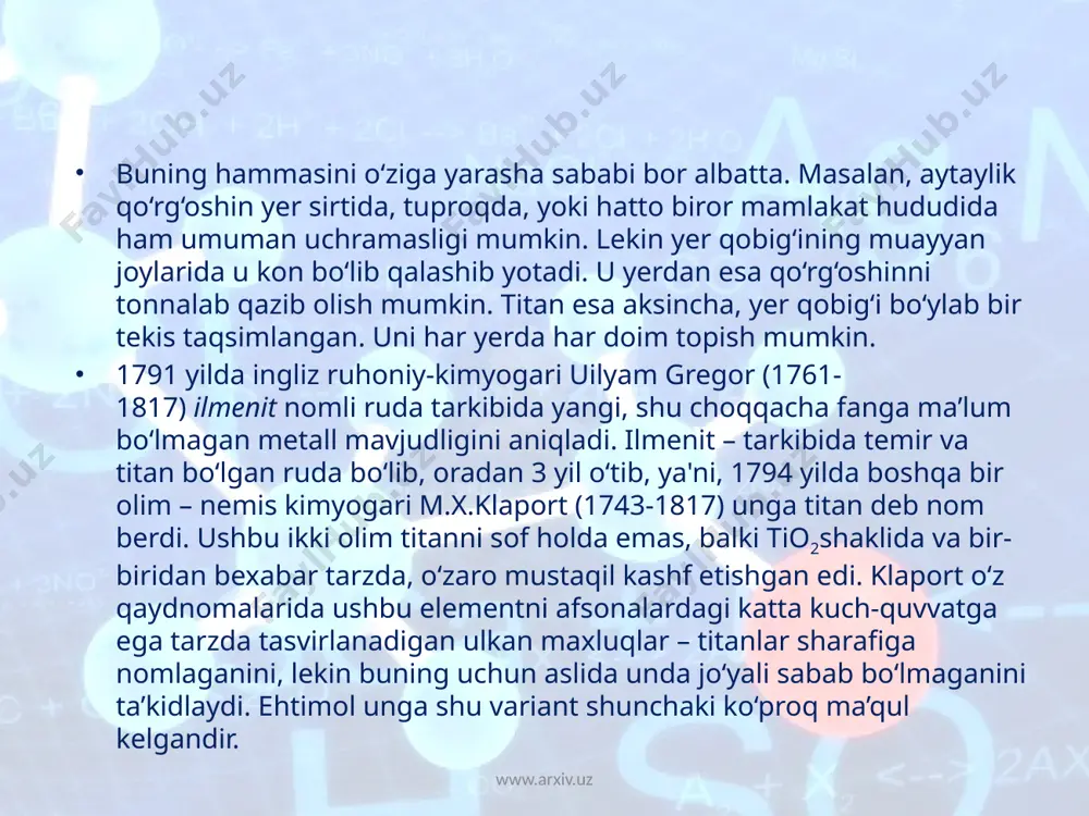 s bilan qayta ishlab, keyin xlor bilan ishlov beriladi. natijada titan tetraxloridi olinadi. keyin esa ushbu moddalarda titanni o‘zini ajratib olishga kirishiladi. bunda elektroliz usulidan yoki, yod bilan ishlov berish usulidan foydalaniladi. sof metall titan quymalarini olish uchun esa katta kuchlanishli elektr yoyidan foydalanish, yoki, elektronli-nurlantirish, yoki, plazmali qayta ishlash usullaridan foydalaniladi. www.arxiv.uz hozirgi kunda metall titandan aviasozlik, kemasozlik va raketasozlik sohalarida juda keng miqyosda qo‘llaniladi. shuningdek po‘latni legirlashda titan asosiy qo‘shimcha sanaladi. shuningdek titandan kimyo sanoati uchun reaktorlar, yuqori chidamlilikka ega quvurlar, nasoslar korpusi tayyorlashda qo‘llaniladi. harbiy texnika sanoatida esa, titandan bronijiletlar ishlab chiqarish, suvosti kemalarining korpuslari, bronitexnikaning zirhli qoplamalari tayyorlashda foydalaniladi. titanning tibbiyot uchun ham ahamiyati ulkandir. xususan, ortopediya mahsulotlari, protezlar tayyorlashda titan asosiy material sanaladi. titandan shuningdek «shakl xotirasi» (shaklni saqlovchi) materiali sifatida ham katta ahamiyatga ega. texnika va tibbiyotda, muayyan detallar yoki, organlarning shaklidan nusxa – qolip olish uchun titan eng qulay materialdir. siz tish shifokorining …