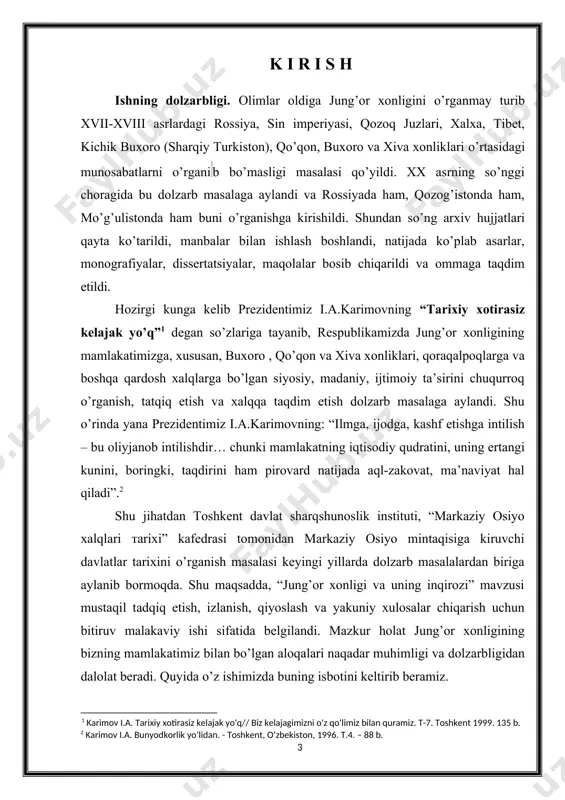 ar bilan bevosita ishlab asarlar va monografiyalar yaratgani aniqlash va bu asarlar bilan to’liq tanishib chiqish; · uchinchidan, jung’or xonligi davriga oid asosiy manbalardan bu davlatga tegishli ma’lumotlarni ajratib olish va to’plash; · to’rtinchidan, chet el olimlari asarlari, maqolalari va fikrlarini ko’rib chiqish va inobatga olish; · beshinchidan, to’plangan barcha ma’lumotlarni taqqoslash, qiyoslash, va ular orasidan eng aniq, ob’yektiv yondoshilgan va manbaga tayangan ravishda to’g’ri xulosalar berish; · oltinchidan, olingan barcha ma’lumotlarni tartibga solib, bir yakunlangan ish holitiga keltirish. bu olti vazifa to’liq bajarilganda, biz o’z maqsadimizga erishgan bo’lamiz; mavzuning o’rganilganlik darajasi. jung’or (oyrat) xonligini o’rganishda juda ko’plab ishlar, maqolalar, monografiyalar yozilgan. ular orasida i.ya. zlatkin3, v.a.moiseev4, edilxanova s.a.5, gurevich b.p.6, galushkin sanji (xoyt sanji) (обзор ойратской истории. глава 2. часть 2. монгольский период. выделение ойратского этнического и политического союза и темный период (конец xiv-xvi века)7ning va boshqalarning ishlarida ko’rishimiz va ma’lumot olishimiz mumkin. bundan ko’rinib turibdiki jung’or (oyrat) xonligi …