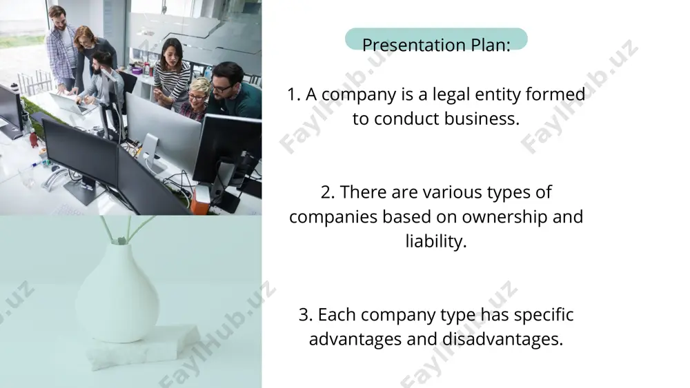 etween partners. shared liability means all partners may be held responsible for mistakes. limited liability company (llc) combines the flexibility of a partnership with the liability protection of a corporation. owned by members rather than shareholders. advantages: limited liability for owners. flexible management structure. profits pass through to members (no corporate tax). disadvantages: more paperwork than a sole proprietorship. rules vary by jurisdiction. may have limited life in some countries. other company types (optional expansion) 1. public limited company (plc) – shares are traded on the stock exchange; open to public investors. 2. private limited company (ltd.) – shares are not offered publicly; ownership is restricted. 3. nonprofit organizations – operate to support a cause rather than make profit. 4. joint ventures – temporary business partnerships for specific projects. conclusion in conclusion, understanding the different types of companies is essential for anyone planning to start or work in a business. …