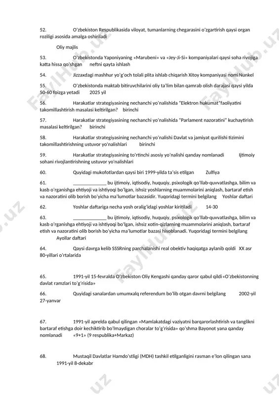 yidagi qaysi xayriya jamg’armasiga asos solingan edi mahalla 45. “shahidlar xotirasi” yodgorligi majmuyi qoshida qaysi muzey o’z faoliyatini boshladi? “qatag‘on qurbonlari xotirasi” muzeyi 46. qaysi yildan boshlab sud islohotlarida “bir sud-bir istansiya “ tamoyili amalga oshiriladigan bo’ldi 2020 yil 47. o’zbeekiston respublikasi preziddenti 2020-yil 29-dekabrdagi oliy majlis murojatnomasida qaysi sohada keyingi 4 yilda 40 dan ortiq qonunlar va farmonlar qabul qilinganlligini e’tirof etgan edi sud tizimii 48. yoshlar ittifoqiga qachon asos solidi 2017 yil 49. qaysi yili mamlakatimizda kichik xususiylashtirish jarayoni tugallandi 1994 yil 50. «o’zbekiston respublikasining birinchi tashqi siyosiy faoliyati konsepsiyasini tasdiqlash to’g’risida»gi qonuni qachon qabul qilingan? 2012 yil sentyabr 51. respublika “ma’naviyat va ma’rifat” jamoatchilik markazi qachon tashkil etildi 1994 yil 52. o’zbekiston respublikasida viloyat, tumanlarning chegarasini o’zgartirish qaysi organ roziligi asosida amalga oshiriladi oliy majlis 53. o’zbekistonda yaponiyaning «marubeni» va «jey-ji-si» kompaniyalari qaysi soha rivojiga katta hissa qo’shgan neftni qayta ishlash 54. jizzaxdagi mashhur yo’g’och tolali plita …