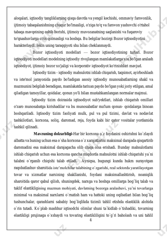 ovarning elastikligi prujinaga o`xshaydi va tovaring elastikliligini to`g`ri baholash va uni tahlil 5 qilish yuzaga kelgan muammolarni hal qilishda va yuqori tavakkalchilik muammolarini hal qilishda muhim ahamiyat kasb etadi. biz shuni bilamizki tovarlarga bo`lgan talab faqat uning narxiga bog`liq bo`lmay balki yana biz iste`molchilar daromadiga va boshqa tovarlarning narxiga bog`liq. ammo taklif esa har ikkalasiga bog`liq ya`ni narxga ham ishlab chiqarish xarajatlarining o`zgarishiga bog`liq ravishda o`zgarib turadi. ko`pgina hollarda biz qancha miqdordatovar xarid qilishni bilmay qolamiz va bunday hollarda faraz qilaylik narx 10% ga oshgan bo`lsin shunda unga talab qanday o`zgaradi yoki bo`lmasa daromadimiz 5% ga oshganda u qanchaga o`zggarishinihisoblashimizda biz elastiklik tushunchasidan foydalanamiz. ammo bunga faqat iste`molchilar daromadi emas, yana boshqa tovarlarning narxi ham ta`sir qilmasdan qolmaydi. bunday holatlarda o`rnini bosuvchi tovarlar, bir-birini o`rnini to`ldiruvhi tovarlar ham elastiklikning qanday o`zgarishiga ta`sir qiladi. bugungi kunda ko`plab rivojlangan va jahon iqtisodiyotida yetakchi o`rin tutadigan mamlakatlar tajribasi shuni so`zsiz isbotlab bermoqdaki, raqobatdoshlikka …