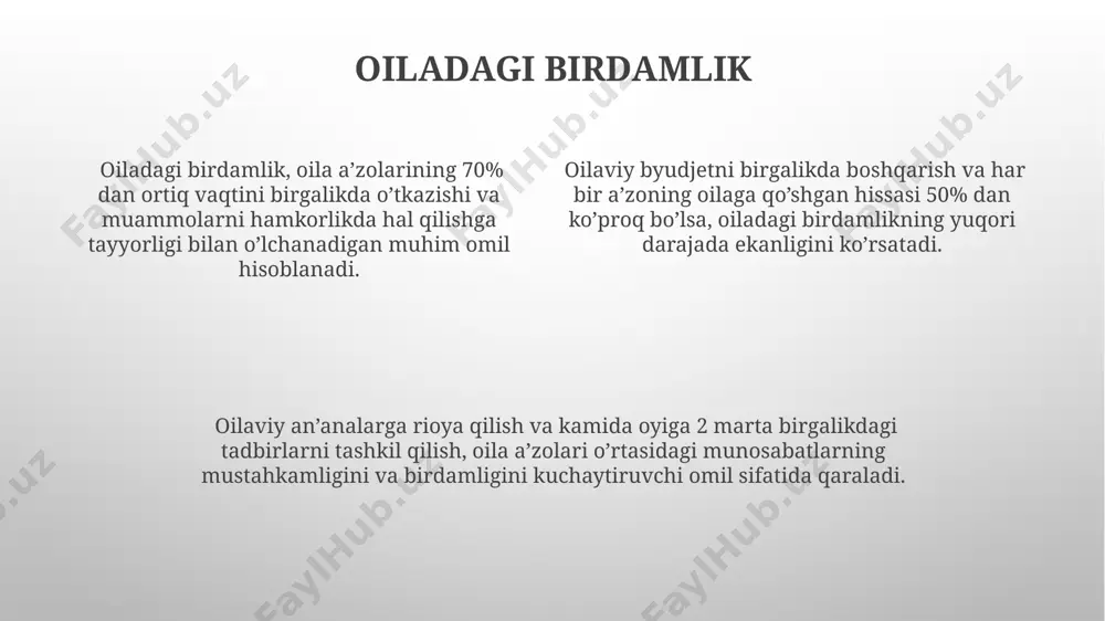 tuqlar baxtiyor oilasi qiyinchiliklarga qaramay, farzandlarining ta'limiga 70% dan ortiq mablag' ajratish orqali, 3 nafar farzandini muvaffaqiyatli tarbiyalashdi. oila a'zolari o'zlarining 10 yillik rejalari doirasida 2 ta oliy ma'lumotga ega bo'lishdi va bu oila daromadini sezilarli darajada oshirishga yordam berdi. baxtiyor oilasi 5 yildan ortiq davom etgan qiyinchiliklar davrida, 3 ta biznes loyihasining muvaffaqiyatsiz tugashiga qaramay, oilaviy byudjetni saqlab qolishga muvaffaq bo'lishdi. oila qadriyatlari oila a'zolari orasida kamida 2 ta avlod vakillari bo'lib, ularning o'zaro hurmat va mehr-oqibat munosabatlari oilaviy an'analarining uzluksizligini ta'minlaydi. baxtiyor oilasi yiliga kamida 10 marta umumiy tadbirlarni tashkil qilib, birgalikda vaqt o'tkazishga 30% dan ortiq vaqt ajratadilar, bu esa kuchli oilaviy aloqalarni mustahkamlaydi. baxtiyor oilasida 5 dan ortiq farzand bo'lib, ularning har biri oilaviy mas'uliyatni teng ravishda baham ko'rishadi, bu esa oilaviy uyg'unlikni ta'minlaydi. oila boshlig’ining roli oila boshlig’ining asosiy vazifalaridan biri – oila byudjetini 30% dan kam bo’lmagan qismini ta’lim va sog’liqni saqlashga yo’naltirish orqali …