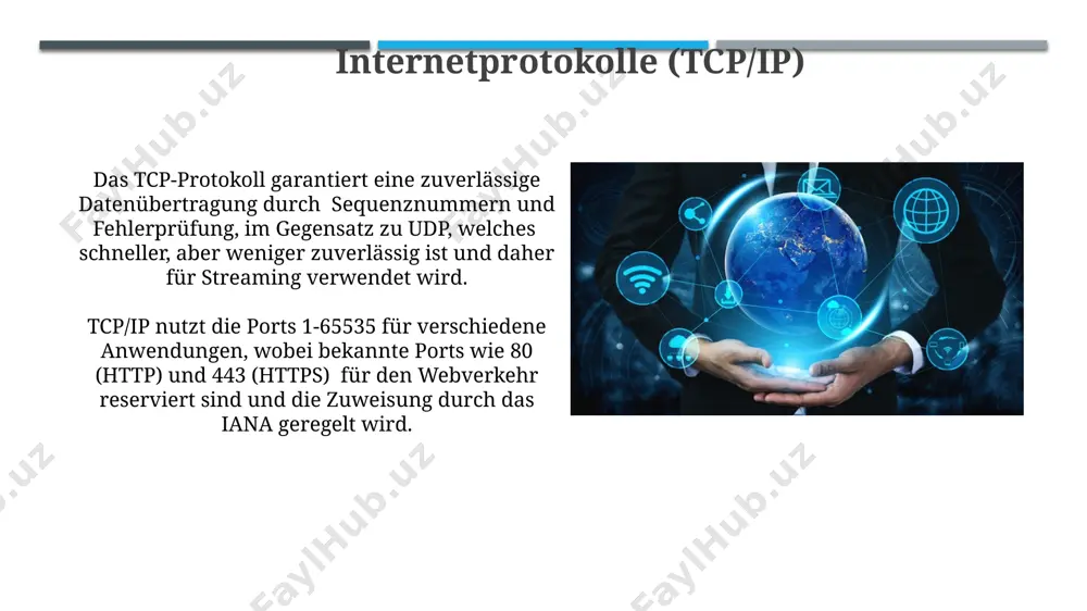 munikation algorithmen von sozialen medien beeinflussen stark, welche informationen nutzer sehen; über 80% der inhalte werden durch personalisierte feeds gesteuert, was zu filterblasen und einer beeinträchtigung der objektiven informationsbeschaffung führen kann. die durchschnittliche tägliche nutzung sozialer medien beträgt weltweit über 2 stunden; diese nutzungsdauer korreliert mit einem erhöhten risiko für cybermobbing, sozialen vergleich und auswirkungen auf die psychische gesundheit, insbesondere bei jungen nutzern. architektur des internets das tcp/ip-protokoll, bestehend aus 4 schichten (anwendung, transport, netzwerkebene, zugriffsschicht), regelt die datenübertragung im internet und sorgt für zuverlässige kommunikation zwischen geräten. das internet basiert auf einem hierarchischen namensraum (dns), der über 13 root-nameserver weltweit verteilt ist und die übersetzung von domainnamen in ip-adressen (ipv4 oder ipv6) ermöglicht. gefahren und risiken im internet kinder und jugendliche sind besonders gefährdet durch cybermobbing, pornografische inhalte und kontaktversuche von sexuellen prädatoren, mit jährlich über 10.000 gemeldeten fällen von online-missbrauch. online-betrug verursacht jährlich schäden in milliardenhöhe, wobei phishing-angriffe …