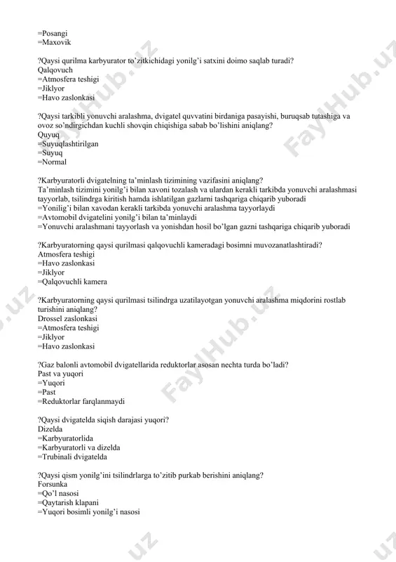 koladi ?qaysi javobda moylash tizimining vazifasi to’la tariflanganligini aniqlang? ishkalanuvchi qismlar orasidagi yuzalarga uzluk-siz moy yuborib ishqalanishni va yeyilishni kamaytiradi va qismlardagi issiqlikni o’ziga oladi hamda uni sovitadi =ishqalanish va yeyilishlarni kamaytiradi yuzalardan moylarni sachratib yuboradi =dvigatelning ishqalanib ishlaydigan qismlari orasidagi yuzalarga uzluksiz moy yuboradi =ishqalanuvchi yuzalarini qisman sovitadi, ishqalanishda hosil bo’lgan metal zarrachalarini o’ziga oladi va ularni tozalaydi ?tirsakli valning qaysi qismi shatun podshipniklariga boradigan moyni qo’shimcha tozalashini aniqlang? shatun bo’yni =o’zak bo’yni =posangi =maxovik ?qaysi qurilma karbyurator to’zitkichidagi yonilg’i satxini doimo saqlab turadi? qalqovuch =atmosfera teshigi =jiklyor =havo zaslonkasi ?qaysi tarkibli yonuvchi aralashma, dvigatel quvvatini birdaniga pasayishi, buruqsab tutashiga va ovoz so’ndirgichdan kuchli shovqin chiqishiga sabab bo’lishini aniqlang? quyuq =suyuqlashtirilgan =suyuq =normal ?karbyuratorli dvigatelning ta’minlash tizimining vazifasini aniqlang? ta’minlash tizimini yonilg’i bilan xavoni tozalash va ulardan kerakli tarkibda yonuvchi aralashmasi tayyorlab, tsilindrga kiritish hamda ishlatilgan gazlarni tashqariga chiqarib yuboradi =yonilig’i bilan xavodan kerakli tarkibda yonuvchi aralashma tayyorlaydi =avtomobil …