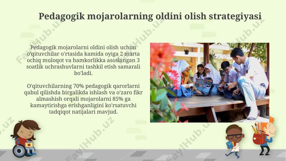 oli o‘zaro hurmatli muloqot va empatiya ko‘rsatish, konfliktni hal qilish jarayonida ishtirokchilarning psixologik holatini 15% ga yaxshilaydi. muloqot jarayonida kamida 3 ta turli fikr bildirish usulini qo‘llash, pedagogik mojarolarni samarali hal qilish imkoniyatini 20% ga oshiradi. muvaffaqiyatli hamkorlikning misollar va tajribalari o'qituvchilar jamoasi 5 yillik loyiha doirasida 10 ta innovatsion pedagogik usulni qo'llab, o'quvchilarning akademik ko'rsatkichlarini 15% ga oshirdi. 3 ta maktabning birgalikdagi tadqiqoti natijasida, o'quvchilarning individual ehtiyojlarini hisobga oluvchi 7 bosqichli hamkorlik dasturi ishlab chiqildi va samarali qo'llanildi. pedagogik jamoaning rol va mas'uliyati jamoa ichidagi professional rivojlanish dasturlari orqali kamida 2 ta yangi pedagogik yondashuvlarni qo‘llash va natijalarni baholash pedagogik jamoaning muhim vazifasidir. pedagogik jamoaning mas’uliyati, 5tadan ortiq pedagogik konfliktlarning oldini olish uchun samarali profilaktika dasturlarini ishlab chiqish va amalga oshirishni o‘z ichiga oladi. e'tiboringiz uchun rahmat @taqdimot_robot image6.jpg image7.jpg image8.jpg image9.jpg image10.jpg image11.jpg image12.jpg image13.jpg image14.jpg image15.jpg image16.jpg image17.jpg image1.png
