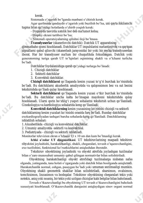 tomonlardan keraklicha bo’sh joy qoldirilishi kerak, mashina ichki temperaturasi noqulayliklar keltirib chiqarishi mumkin. datchiklarni ulash va uzish 1. datchiklarni ulash va uzish mumkin, faqatgina manba tizimi o’chirilgan yoki yaxshi fiksatsiyalangan bo’lishi kerak. 2. datchik ishlagan vaqtda datchikni mustahkam o’rnatilganiga e'tibor bering. 3. har bir ut apparati uchun to’g’ri keladigan maxsus datchiklardan foydalanish kerak. 2.39- rasm. ut qurilmasining boshqarish pulti: 1-tovush quvvati, 2-mijoz, 3- ma'lumot, 4-fayl, 5-rejim, 6-tsi, 7-datchik namunasi, 8-chastota, 9-klaviatura, 10- yusb, 11-tgs, 12-v, 13-v/v. 14-m/v, 15-m, 16-vrev, 17-grev, 18- funktsional siferblat, 19-fiksatsiyalangan, 20-kuchaytirish koeffitsienti, 21- menyu, 22- sharhlovchi (sharhlash), 23-tanadagi belgi, 24-o’lchash, 25- qaytarish, 26-almashtirish, 27-ko’rish, 28-kinopetlya, 29-parametrlar siferblati, 30-print, 31-sharsimon manipulyator. manbani yoqish. manbani yoqing (yoqish tugmachasi panelning orqa tomonida). oldin displeyda ekran paydo bo’ladi. 15 sekund o’tgandan keyin displeyda menyu va tasvir paydo bo’ladi. qurilmani to’g’ri qo’llayotganingizga ishonch hosil qiling. datchikni yuqori qismini tekshiring. qachonki manba ishga tushganda va datchik yoqilganda «bi - i - p» …