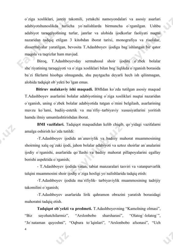 ratuvchi kuchli badiiy xazina ” bo`lgan xalq og`zaki ijodidan ijodkor o`z asarlarida, kamida, maqollar, hikmatli qanotli so`zlar, frazeologik iboralarniko`plab qo`llashi tabiiy. t.аdashboyevning “tol va terak” she`ri ham majoziylik va xalq maqolini qo`llashning ana shunday namunasidir. tol terakning o`sishini ko`rolmasdan dedi:-do`stim bo`y-bastiga ishonmagil, bo`lolmaysan ko`kka ustun. -ta`na qilma, og`aynijon, novchalikning nafï bor. “mirzaterak- uyga kerak” degan elning naqli bor (“olatog`- lolatog`”, 32). shoir xalq naqlidan foydalanib, to`g`rilikning foydasi haqida qiyosiylikka asoslangan ibratli, o`ziga xos she`ryaratishga erishgan. chunki, terak to`g`ri o`sganligi sababli uyning to`ri (tomi)dan joy oladi, to`sin bo`lib xizmat qiladi, egri o`sgan tol esa hatto o`tinlikka ham yaramaydi. bu hayotiy misol. aslida, xalq og`zaki ijodida egrilik va to`g`rilik qiyosi, egrilikning yomon oqibatlari-yu fazilatiga bag`ishlangan asarlar juda ko`p. yozma adabiyotda ham xalq og`zaki ijodidagi maqol, hikmat, naql, rivoyatlardan foydalanib, egrilik va to`g`rilik qiyosiga bag`ishlangan ko`plab asarlar yaratilgan. ular orasida hayotiy misolga asoslangan, jonlantirish va naql o`rinli qo`llangan ushbu she`r ham bolalarni to`g`rilikka …
