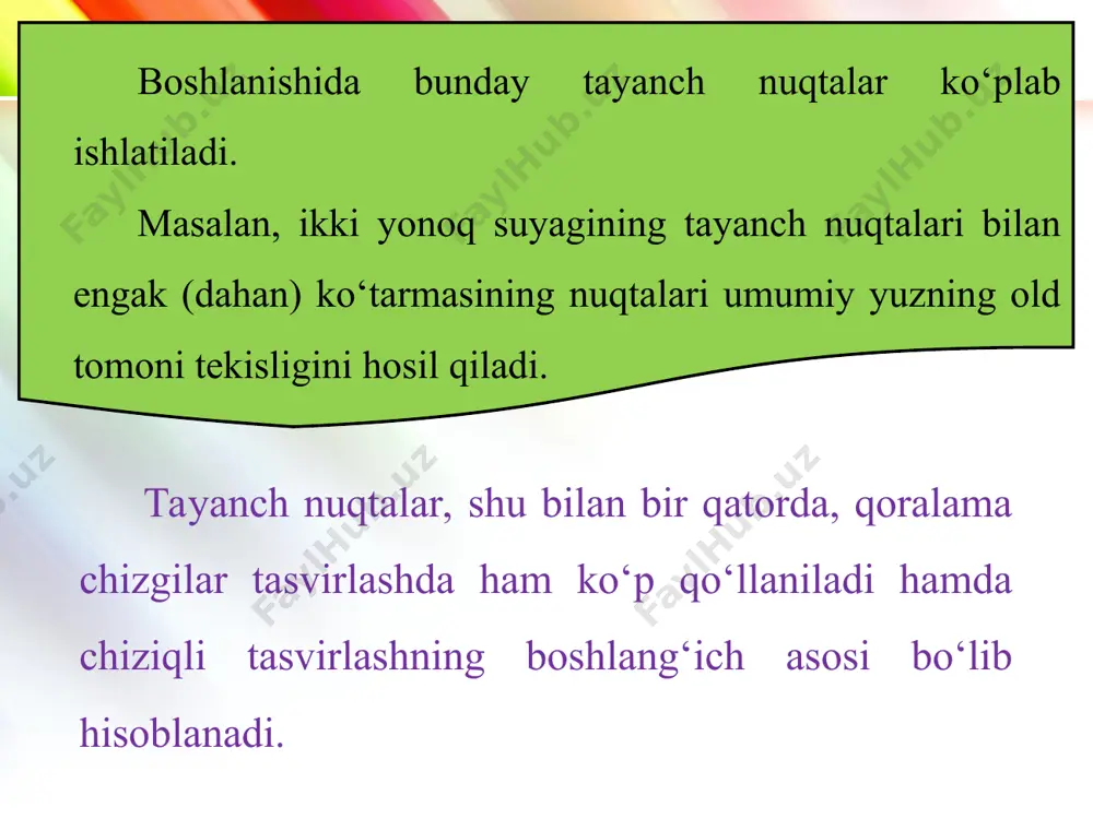 di. www.homeppt.com logo ikkinchi bosqichda esa, baliqning tangachalari, dumi, qanotlarini yengil chiziqlarda bajariladi. uchinchi bosqichda esa, baliqning yorug‘-soya joylari aniqlashtirilib, shtrixlar beriladi. to‘rtinchi bosqichda, baliq tanasining hajmdorligi, xarakterli joylari, soya, yarim soyalar, ular orasidagi o‘zaro bog‘lanishlar nihoyasiga yetkaziladi. baliqning bosh qismidagi soyaroq joylari to‘qlashtirib chiqiladi, pastki qismlari och tusda naﬁ s qilib ishlanadi. mayda qismlar esa, qalamda qayta pardozlab chiqiladi. suvosti saltanatiga bag‘ishlangan rasmlar ko‘rgazmasi tashkil etiladi va ular tahlil qilinadi.