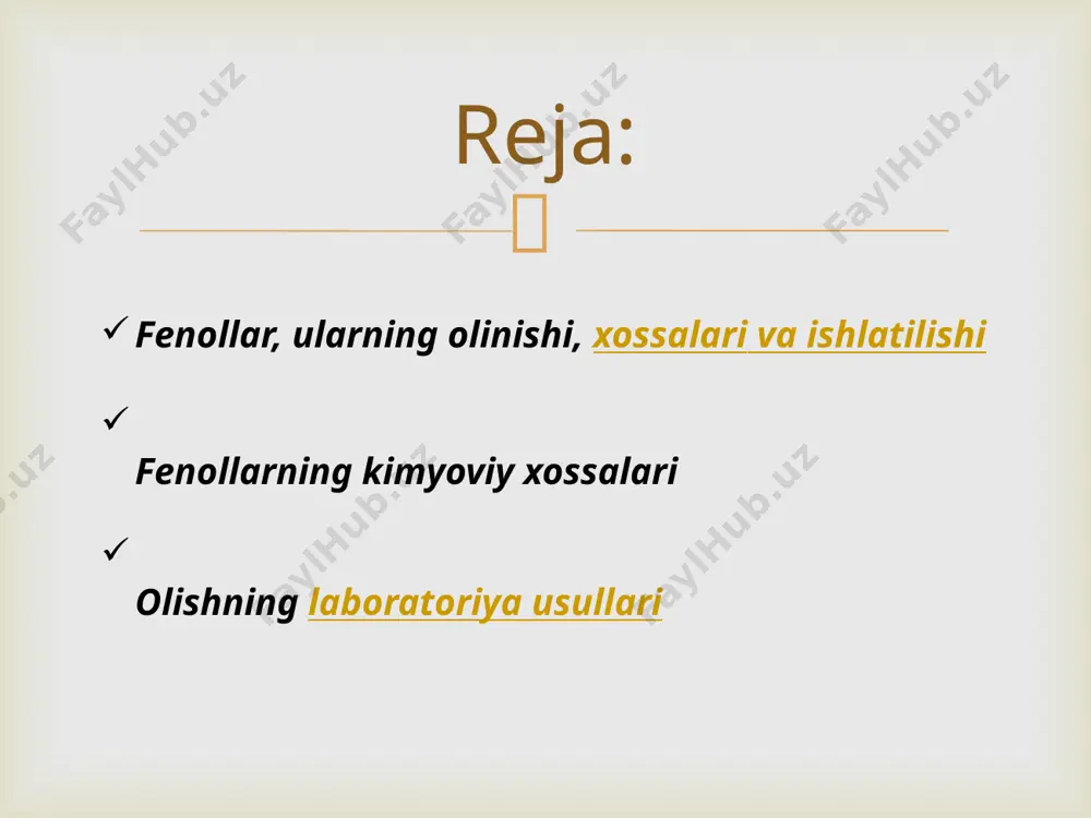 l spirtida, asetonda yaxshi eriydi. yog'larda, glitserinda eritilishi mumkin. xloroform, uglerod disulfidi, benzolda deyarli erimaydi. fenollar guruhidan organik modda, oddiy ikki atomli fenol. kimyogarlar orasida rezorsin va 1,3-dihidroksibenzol nomlari ham qo'llaniladi. rezorsinning formulasi gidrokinon va katexol formulalariga o'xshaydi, farq molekula tuzilishida; oh guruhlari qanday biriktirilganligida. e’tiboringiz uchun raxmat !  image3.png image4.png image5.png image6.png image7.png