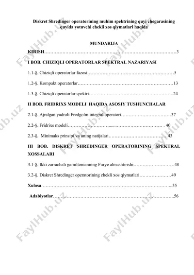 diskret shredinger operatorining muhim spektrining quyi chegarasining quyida yotuvchi chekli xos qiymatlari haqida — DOCX