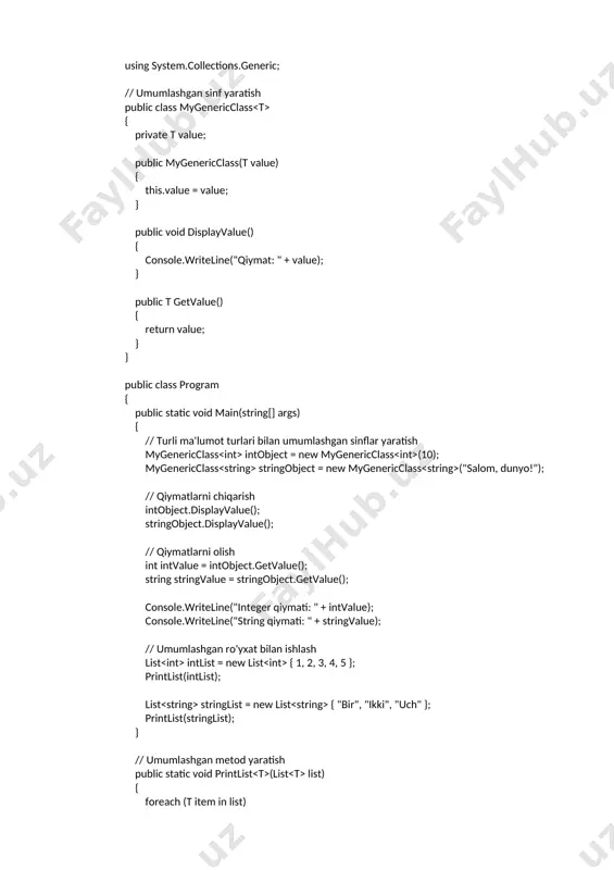inglist = new list { "bir", "ikki", "uch" }; printlist(stringlist); } // umumlashgan metod yaratish public static void printlist (list list) { foreach (t item in list) { console.writeline(item); } } } 3. using system; using system.text.regularexpressions; class program { static void main(string[] args) { // email uchun regular ifoda string emailpattern = @"^[a-za-z0-9._%+-]+@[a-za-z0-9.-]+\.[a-za-z]{2,}$"; // telefon raqami uchun regular ifoda (masalan, +998 90 123 45 67 formatida) string phonepattern = @"^\+998\d{2} \d{2} \d{3} \d{2} \d{2}$"; // foydalanuvchidan email manzili so'rash console.write("iltimos, email manzilingizni kiriting: "); string email = console.readline(); // foydalanuvchidan telefon raqami so'rash console.write("iltimos, telefon raqamingizni kiriting (masalan, +998 90 123 45 67): "); string phone = console.readline(); // email manzilini tekshirish if (regex.ismatch(email, emailpattern)) { console.writeline("email manzilingiz to'g'ri formatda."); } else { console.writeline("email manzilingiz noto'g'ri formatda."); } // telefon raqamini tekshirish if (regex.ismatch(phone, phonepattern)) { console.writeline("telefon raqamingiz to'g'ri formatda."); } else { console.writeline("telefon raqamingiz noto'g'ri formatda."); } } …