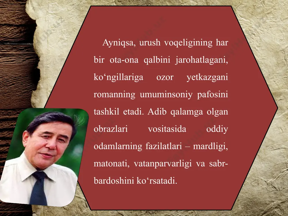 ham taqdir kulib boqmadi. yoshligidan onasidan yetim qolgan robiya otasi tarbiyasida ulg‘ayadi. onasining o‘limidan so‘ng ular samarqanddan toshkentga, no‘g‘ay qishloqqa ko‘chib kelib, husanboy ismli kishining hovlisida yashay boshlaydi. otasi o‘qituvchi bo‘lgani uchun qishloq bolalarini o‘qitadi. robiya husanboy dumani bobo, uning xotini qora ammani oyi, ularning o‘g‘li kimsanni aka, qora ammaning ukasi shomurodni ada deb katta bo‘ldi. xulosa "ikki eshik orasi" romani, erkin vohidovning ijtimoiy va psixologik tahlillarga asoslangan chuqur asaridir. asar nafaqat o'zbek jamiyatidagi o'zgarishlarni aks ettiradi, balki inson ruhiyatining ichki izlanishlarini ham o'rganadi. shaxsiy erkinlik va jamiyatning ta'sirida qolgan shaxsiyatning o'z o'rnini topishga bo'lgan intilishlari, romanning asosiy g'oyasini tashkil etadi. adabiyotlar: vohidov, e. (1966). ikki eshik orasi. toshkent: "yangi avlod" nashriyoti. xolmuhammadov, n. (1990). o'zbek romanining taraqqiyot yo'llari. toshkent: fan. ibragimov, f. (1987). erkin vohidov va uning adabiy merosi. toshkent: sharq. image2.png image3.png image4.png image5.png image6.jpeg image7.jpeg image8.jpeg image1.jpg /docprops/thumbnail.jpeg