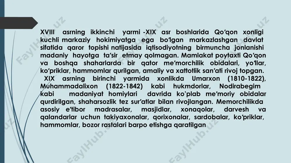lga qaratilgan. to‘rt burchagiga katta hajmdagi burjlar (minorasimon unsur) qurilgan. darvozaxona (miyonsaroy)ning g‘arb tomonida madrasa masjidi, sharq tomonida katta darsxona joylashgan. miyonsaroydan darsxonalar yo‘lagi orqali ichki hovliga kiriladi. ichki hovli murabbaʼ (kvadrat) shaklida bo‘lib, tomonlari 38x38 metrdir. ichki hovli qirq hujra bilan o‘rab olingan. darvozaxona, masjid, katta darsxona tomlari gumbaz uslubida yopilgan. gumbazlarni arkali ravoqlar ko‘tarib turadi. gumbazlarning devorga tutashadigan qismlari muqarnas, sharafa uslubida ganch bilan bezatilgan. masjid mehroblari ganch muqarnaslar bilan ko‘rkam qilingan. darvoza va eshiklar qayrog‘och hamda yong‘oq yog‘ochidan tayyorlangan, ularga sayoz o‘yma naqshlar tushirilgan. naqshlarda pargori va islimiy uslublar uyg‘unligiga erishilgan. madrasa-i mir binosi buxorodagi ko‘kaldosh, abdulazizxon, mir arab madrasalari binolariga o‘xshab ketadi. madrasa 1924 yilgacha faoliyat ko‘rsatadi madrasa me’morchiligi xudoyorxon oʻrdasi — arki oliy sayyid muhammad xudoyorxon (rasmiy nomi). meʼmoriy yodgorlik (xx asrning ikkinchi yarmida); qoʻqon xoni xudoyorxon qurdirgan. meʼmor va muhandis mir ubaydulla muhandis loyihasi va rahbarligida bunyod etilgan; ustalardan mulla suyarqul, solixoʻja va buxorolik …