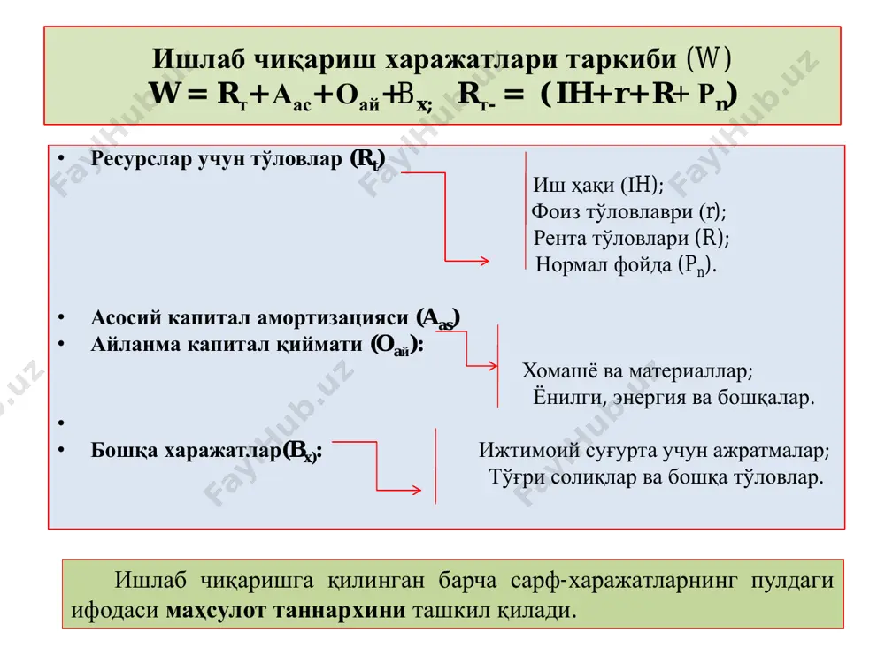 ҳозирги пайтда маҳсулот ишлаб чиқариш учун қилинган харажатларни асосий қисмини хом-ашё материаллар сарфи эгаллайди. 100 бирлик маҳсулот ишлаб чиқариш учун қилинган ҳамма сарф харажатларни ақш да 60%, японияда 57%, германия, англияда 54%, францияда 52%, италияда 49%, россияда 50% дан ортиғини хом-ашё ташкил этса, қолганини меҳнат, электр энергия ва ёқилғи сарфлари ҳамда амортизация ташкил этган. • бизнинг республикамизда ҳам харажатлар таркиби шу кўрсаткичлардан унчалик катта фарқ қилмайди. хулоса қилаб айтиш мумкинки, хом ашё харажатини камайтириш имконияти каттароқдир. исрофгарчиликка йўл қўймай, ресурслардан тежаб-тергаб фойдаланиш харажатларни камайишига сабаб бўлади. 3. қисқа ва узоқ даврда ишлаб чиқариш харажатларининг ўзгариш тамойиллари • қисқа давр- бу оралиқда корхонанинг ишлаб чиқариш қувватлари ўзгаришсиз қолади, ишлаб чиқариш ҳажми жонли меҳнат, хом ашё ва бошқа ресурслар миқдорини кўпайтириш орқали ортиши мумкин. • қисқа муддатли вақт давомида корхона ўзининг доимий қувватларига ўзгарувчи ресурслар миқдорини қўшиб бориш йўли билан ишлаб чиқариш ҳажмини кўпайтириши мумкин. • мс: самаранинг пасайиб бориш қонуни узоқ …