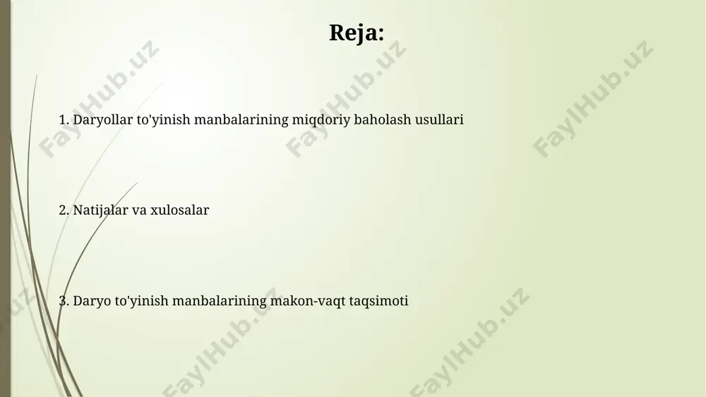 ining sifati va tarkibi namangan viloyatining qo'qon shahriga yaqin hududlarda yer osti suvlarida temir miqdori 10 mg/l dan oshib ketishi kuzatilgan, bu suvning sifatini sezilarli darajada pasaytiradi. farg'ona vodiysidagi yer osti suvlarining 70% dan ortig'i mineral tuzlar bilan yuqori darajada mineralizatsiyalangan bo'lib, o'rtacha mineralizatsiya darajasi 3-5 g/l ni tashkil etadi. natijalar va tahlil tahlilda, namangan viloyatidan olingan 15 ta namunada o'rtacha 65%, farg'ona vodiysidan olingan 20 ta namunada esa 80% to'yinganlik darajasi aniqlandi. farqlar suv manbalarining xususiyatlariga bog'liq. qashqadaryo viloyatining 3 ta turli hududida olingan namunalar tahlili shuni ko'rsatdiki, to'yinganlik darajasi o'rtacha 72% ni tashkil etadi, bu esa mintaqaning geologik tuzilishi bilan bog'liq. to'yinganlik manbalarining miqdoriy baholash usullari тошкент вилоятидаги 5 та дарё ҳавзасидаги сув тўйиниш манбаларини баҳолашда геоэлектр профиллаш усулидан фойдаланиб, 100 дан ортиқ ўлчов нуқталарида маълумотлар йиғилди. самарқанд вилоятидаги дарёларнинг сув тўйиниш манбаларини 15 та параметр бўйича баҳолашда, сув динамикасини ўрганиш учун 5 йиллик гидрологик маълумотлар таҳлил қилинди. …